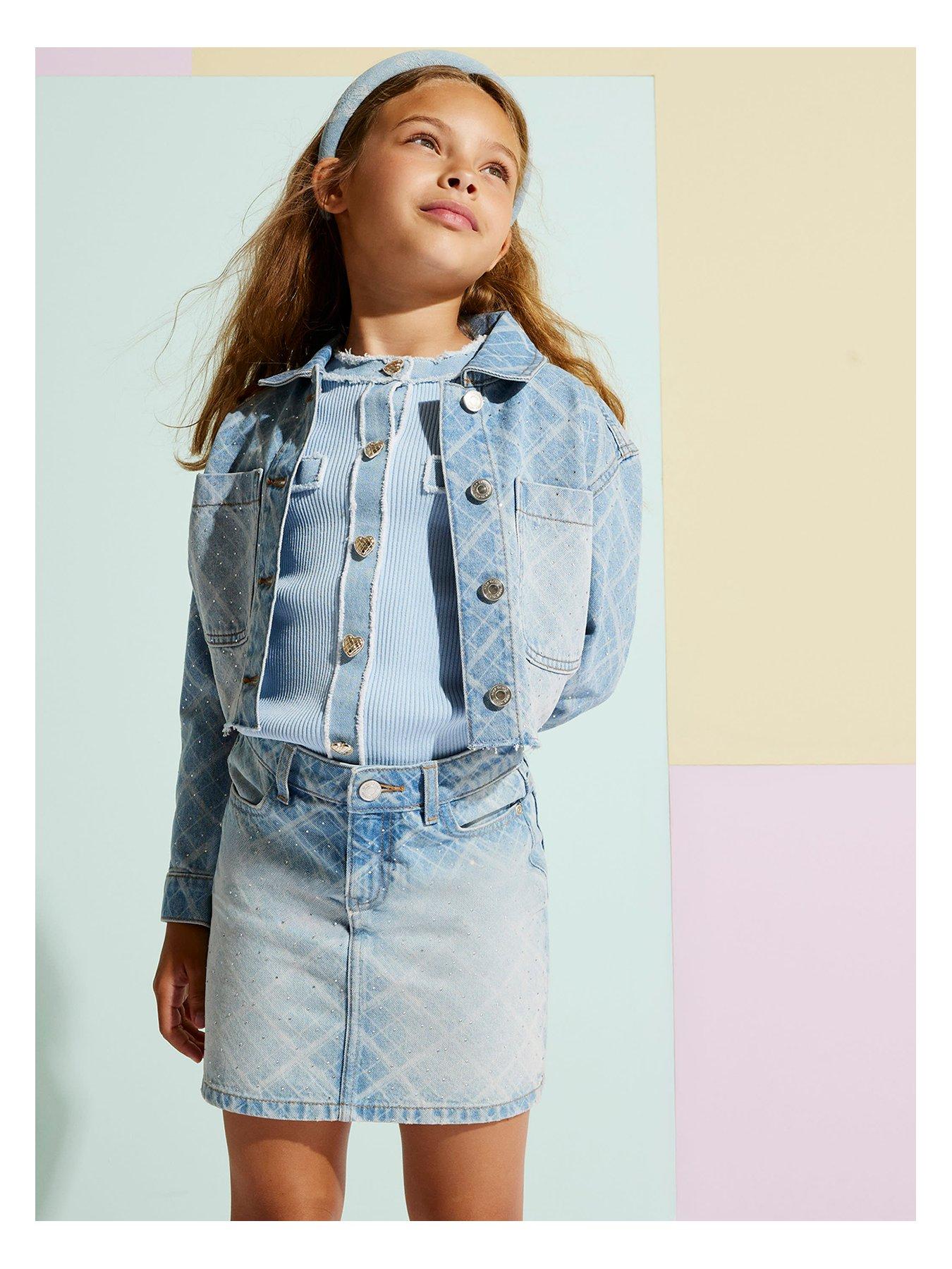 River Island Girls Blue Denim Embellished Check Skirt - Blue