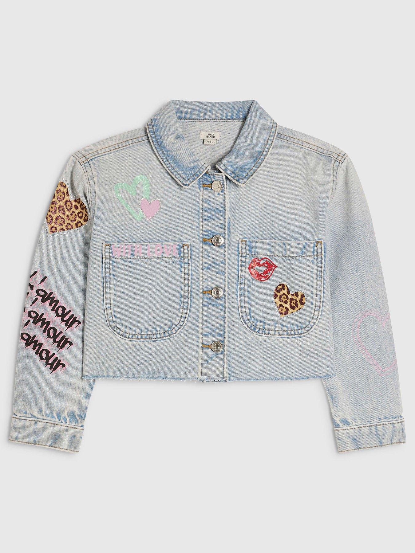 River Island Girls Leopard Heart Denim Jacket - Blue