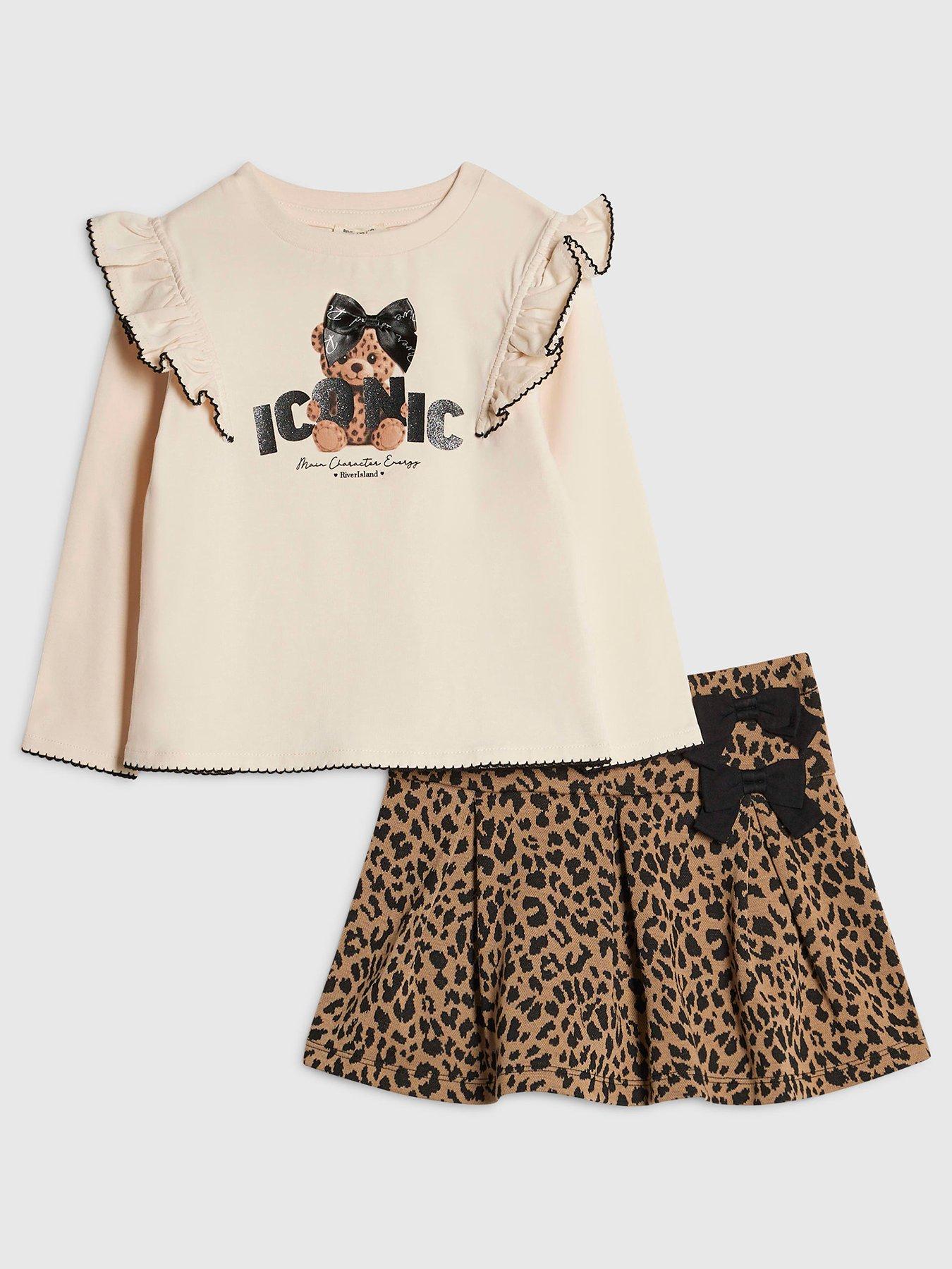 Image 1 of 5 of River Island Mini Girls Leopard Print Frill Shoulder Skirt Set - Print