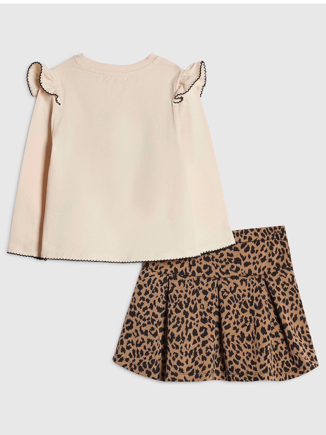 Image 2 of 5 of River Island Mini Girls Leopard Print Frill Shoulder Skirt Set - Print