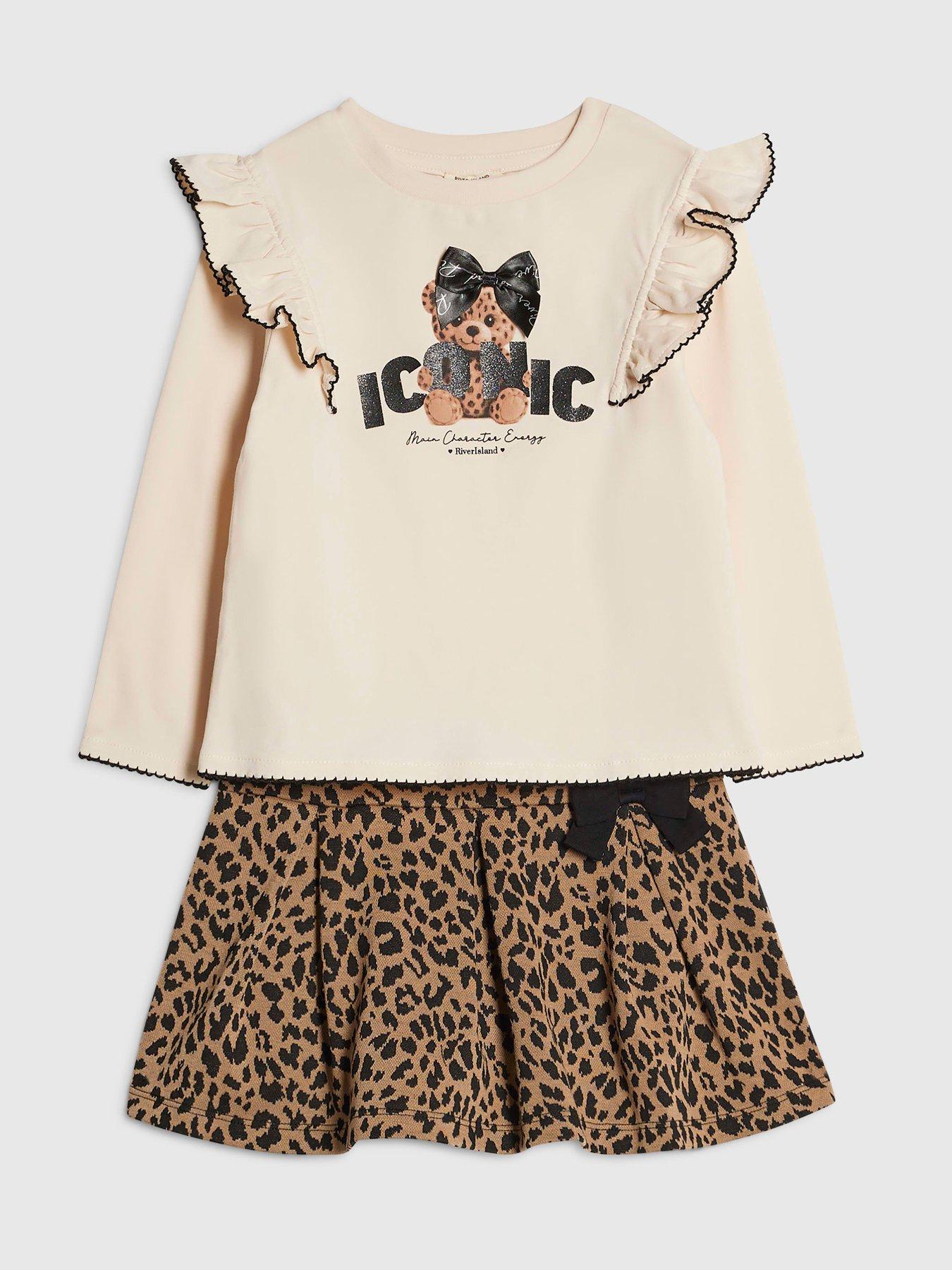 Image 3 of 5 of River Island Mini Girls Leopard Print Frill Shoulder Skirt Set - Print