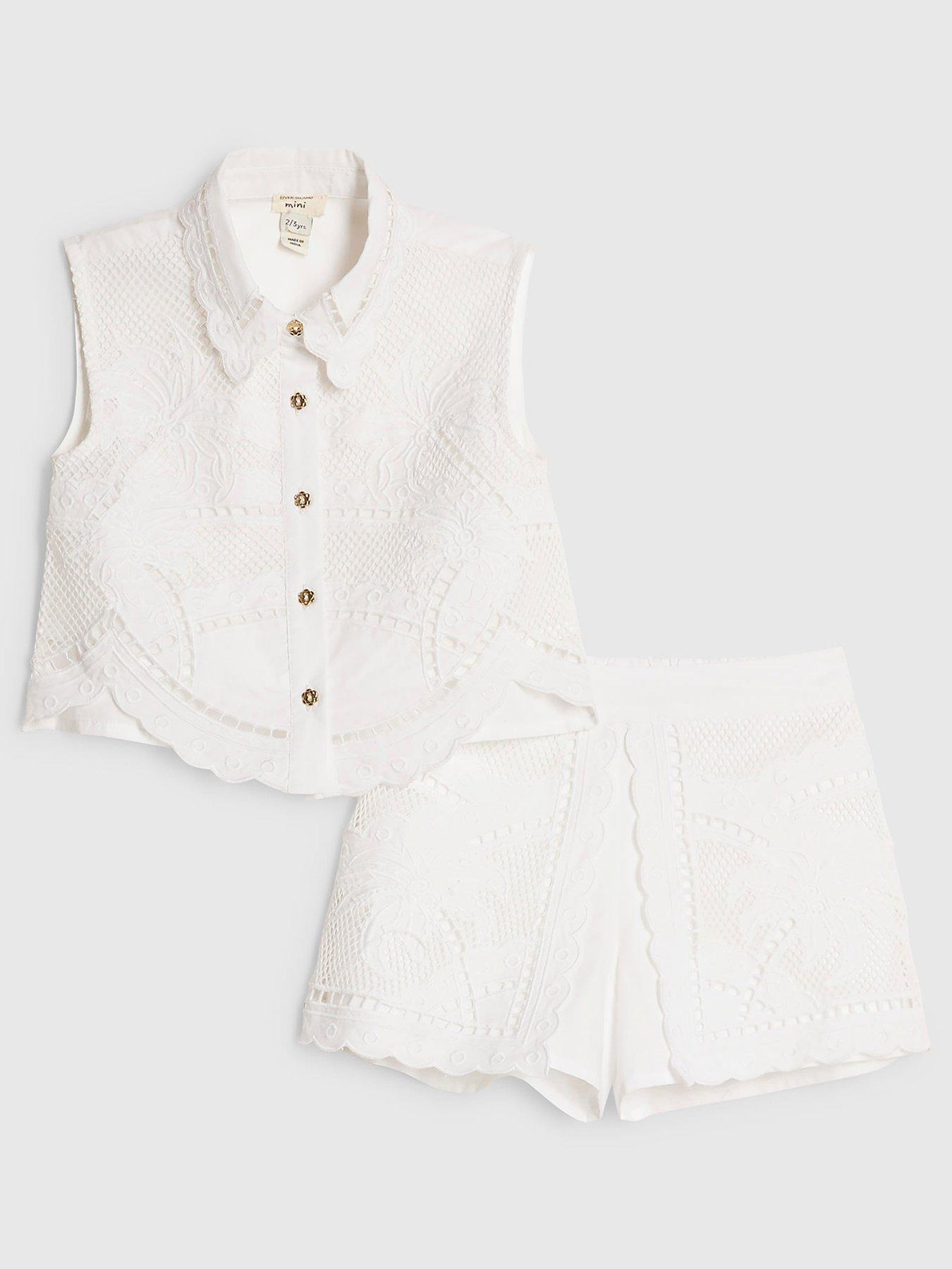 River Island Mini Girls Cutwork Frill Shirt And Shorts Set - White