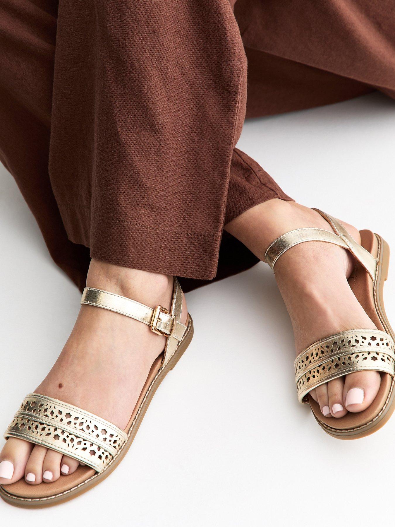 New Look Faux Leather Cut Out Strap Flat Sandals - Gold