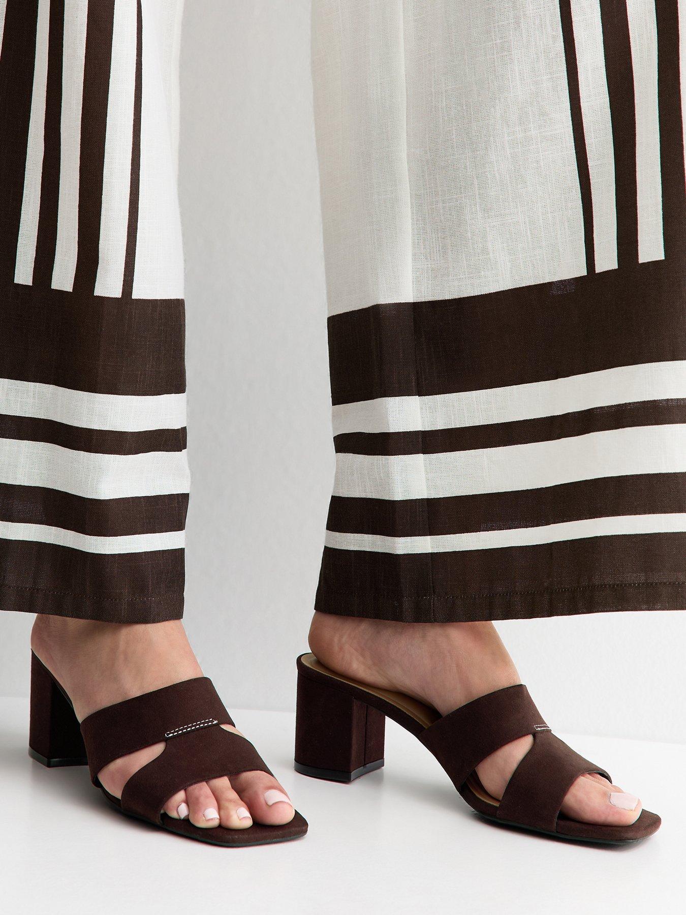 New Look Faux Suede Cut Out Strap Block Heel Mules - Dark Brown