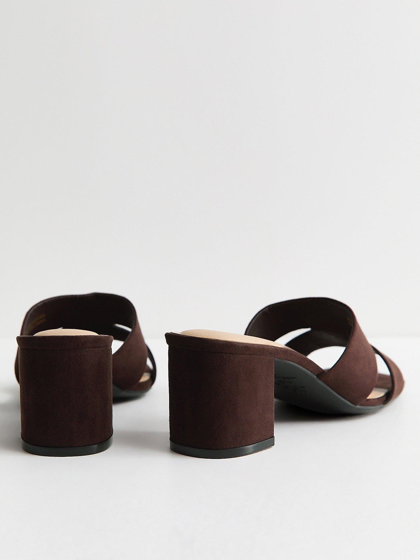 Image 4 of 5 of New Look Faux Suede Cut Out Strap Block Heel Mules - Dark Brown