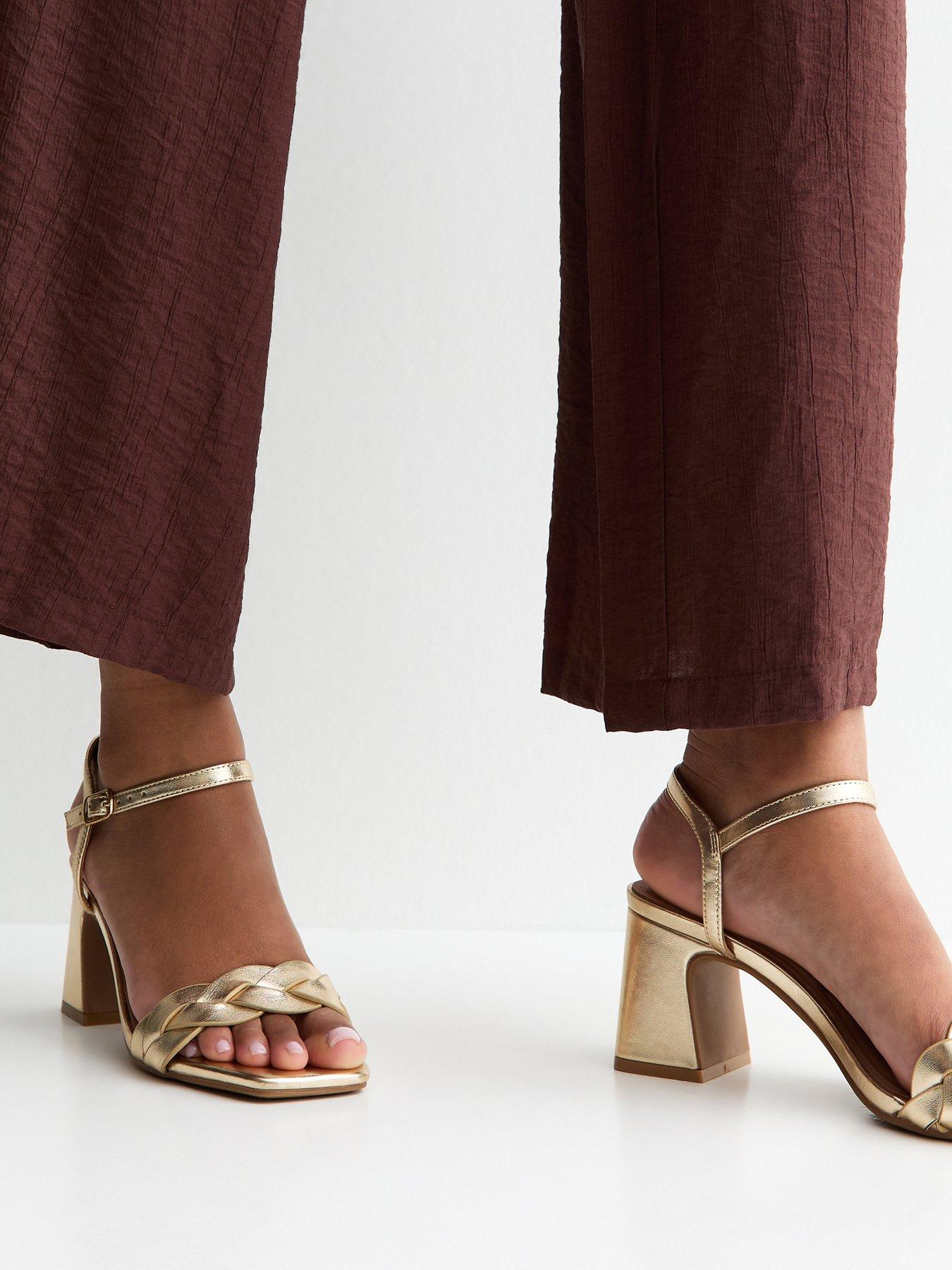 Image 1 of 4 of New Look Faux Leather Braided Block Heel Sandals - Gold