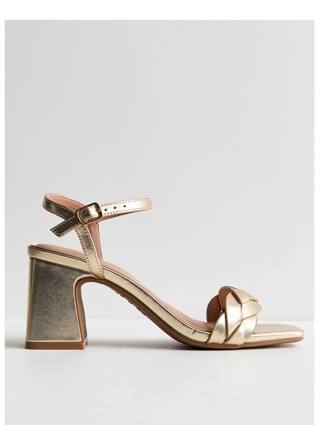 Image 2 of 4 of New Look Faux Leather Braided Block Heel Sandals - Gold