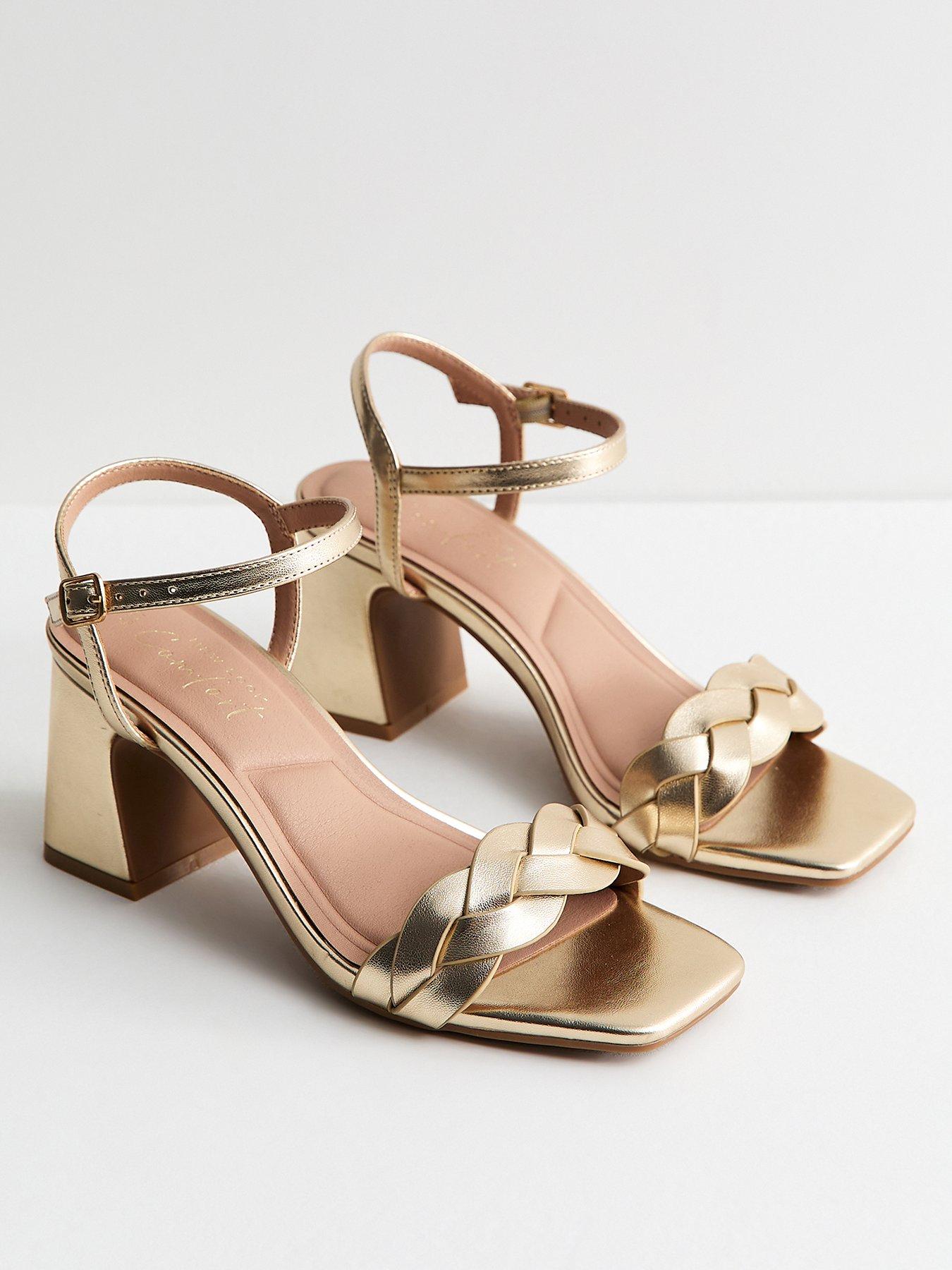 Image 3 of 4 of New Look Faux Leather Braided Block Heel Sandals - Gold