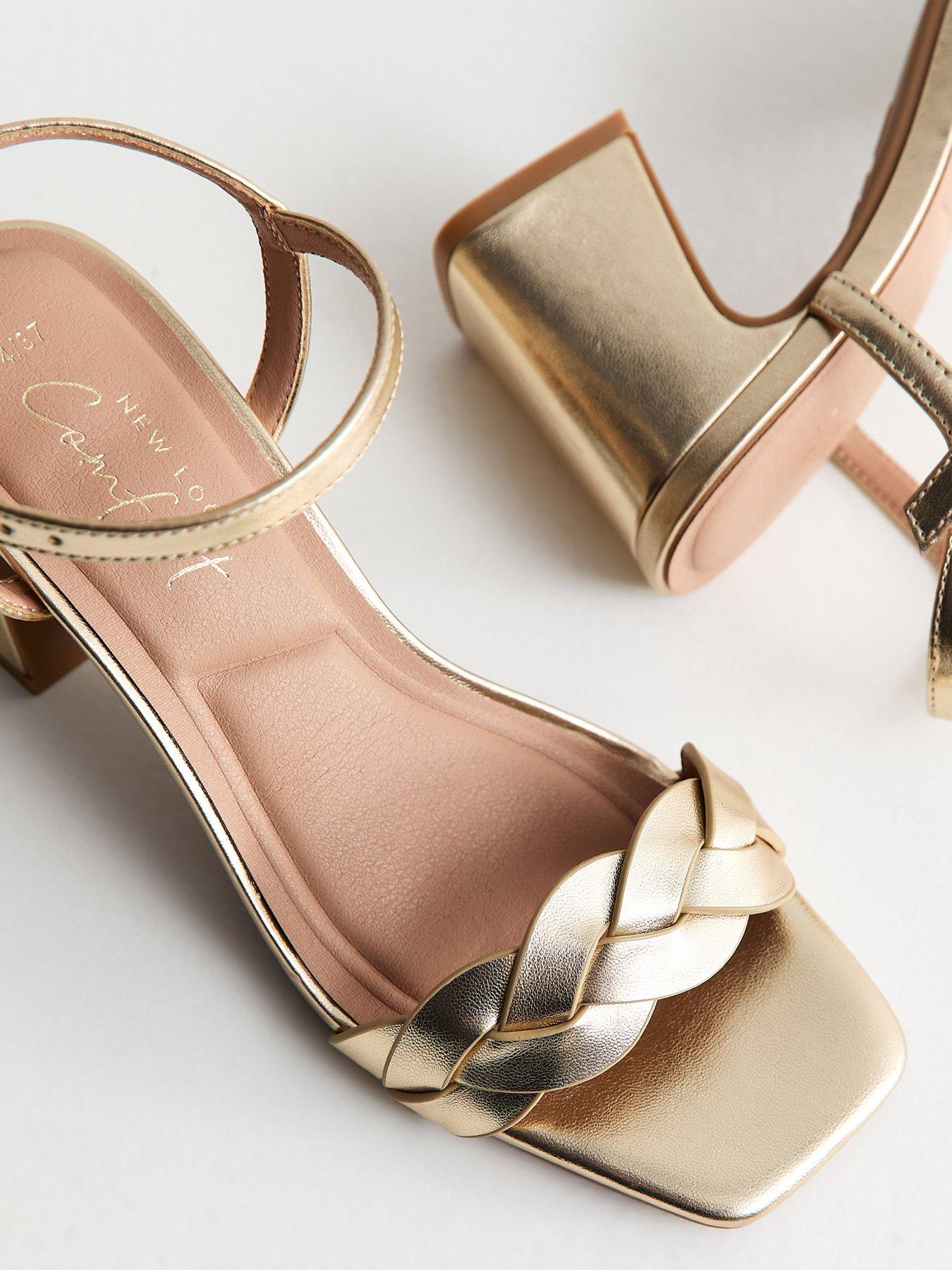 Image 4 of 4 of New Look Faux Leather Braided Block Heel Sandals - Gold
