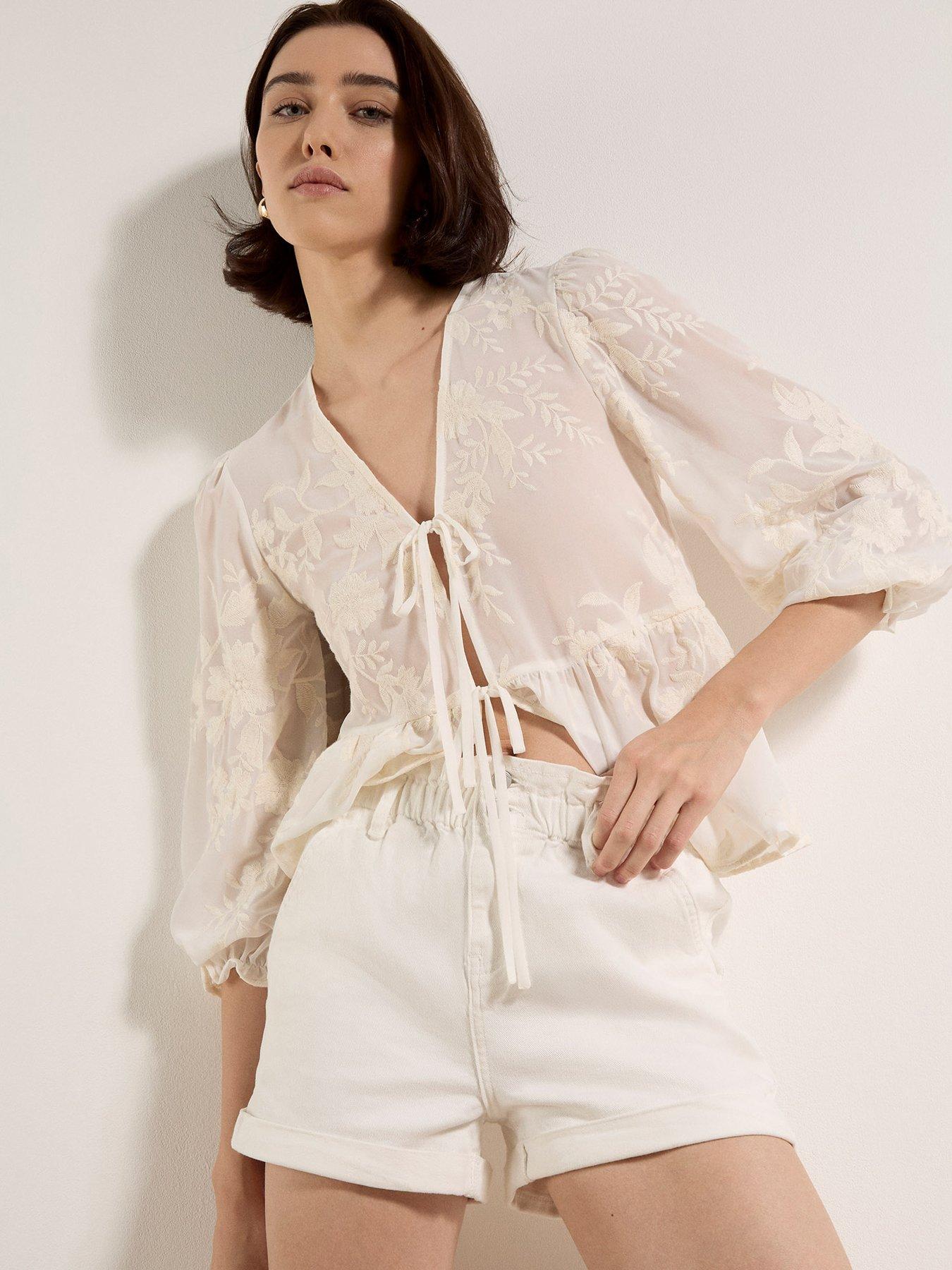 apricot-denim-ruch-waist-turn-up-shorts