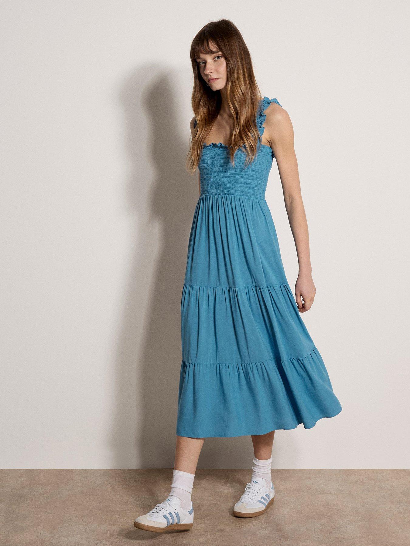 Apricot Slub Visc Smock Tiered Midi Dress