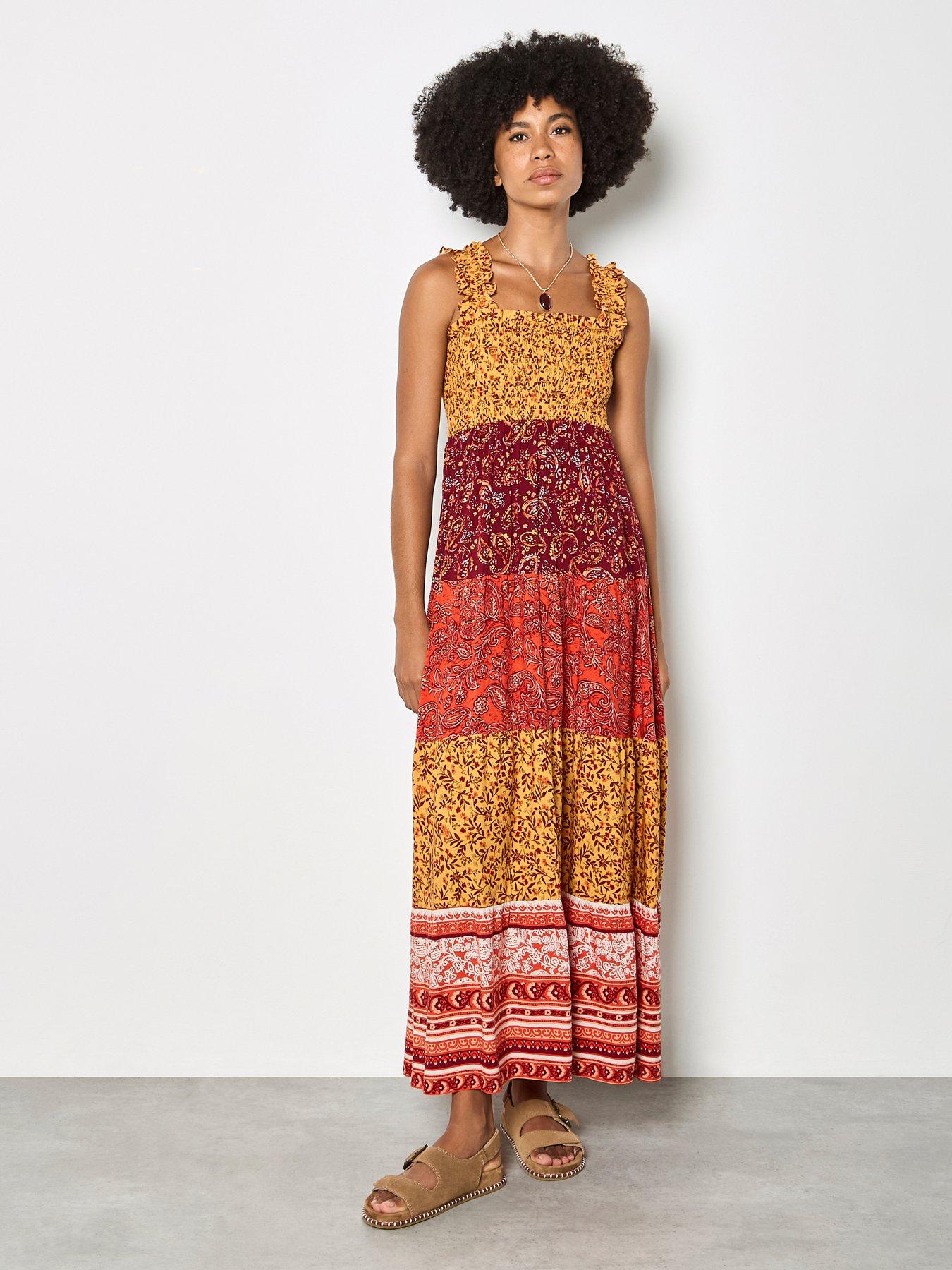 Apricot Patchwork Tiered Maxi Dress