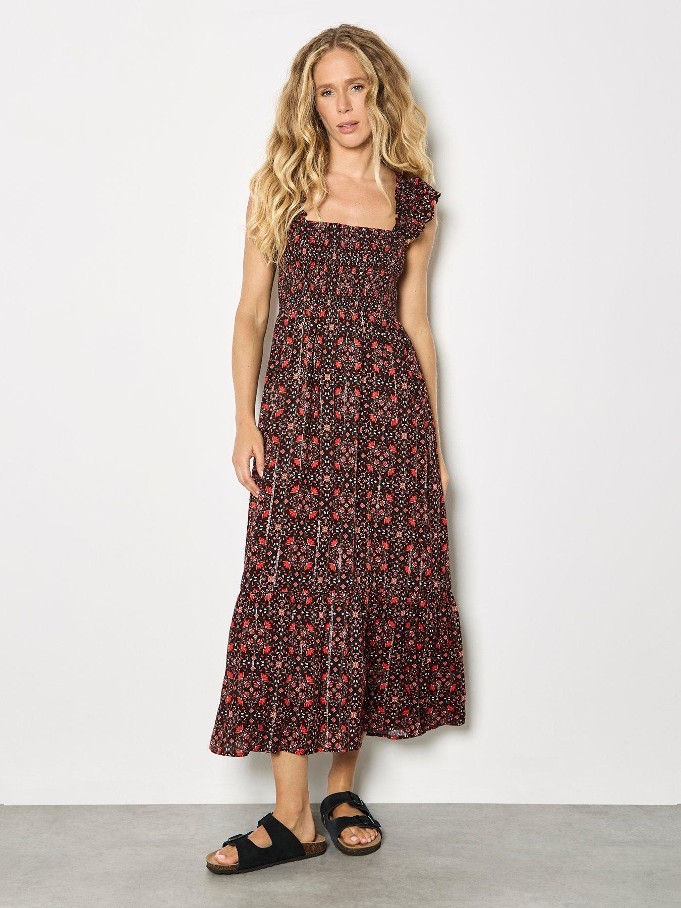 Apricot Ruffle Strap Tiered Midi Dress