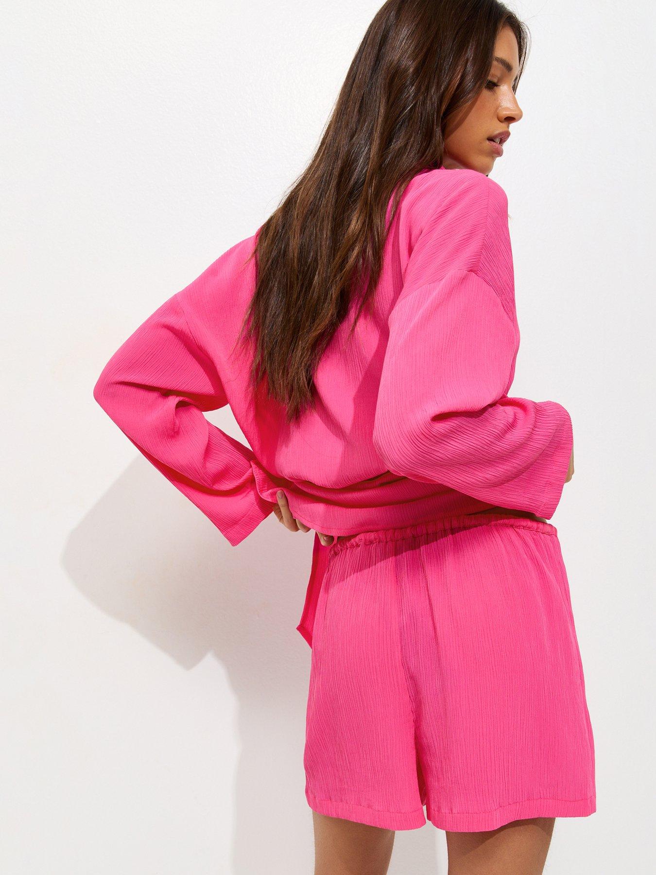 Image 2 of 7 of New Look Crinkled Drawstring Co-Ord Beach Shorts - Bright Pink