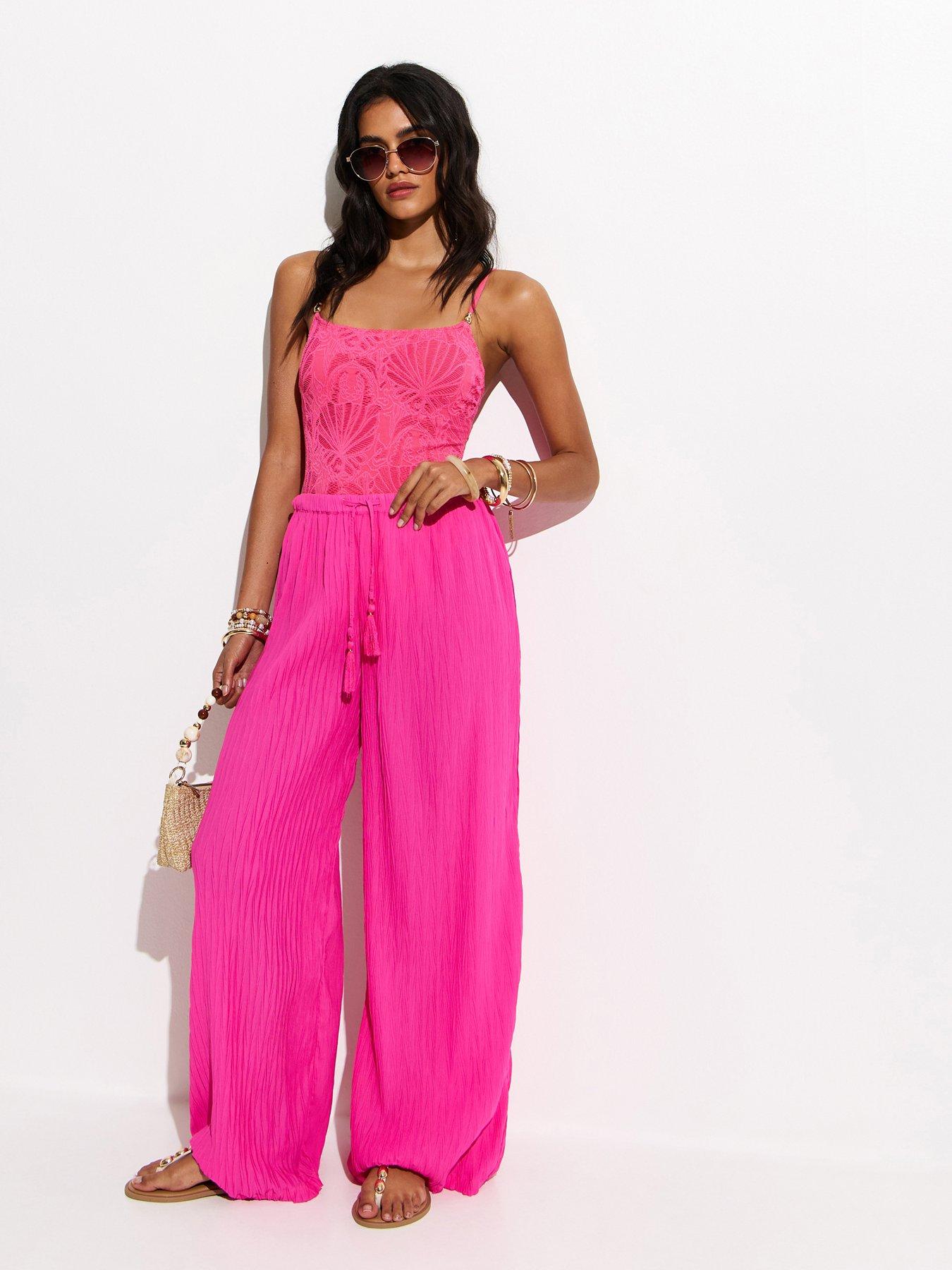 Image 3 of 6 of New Look Crochet Beaded Swimsuit - Bright Pink