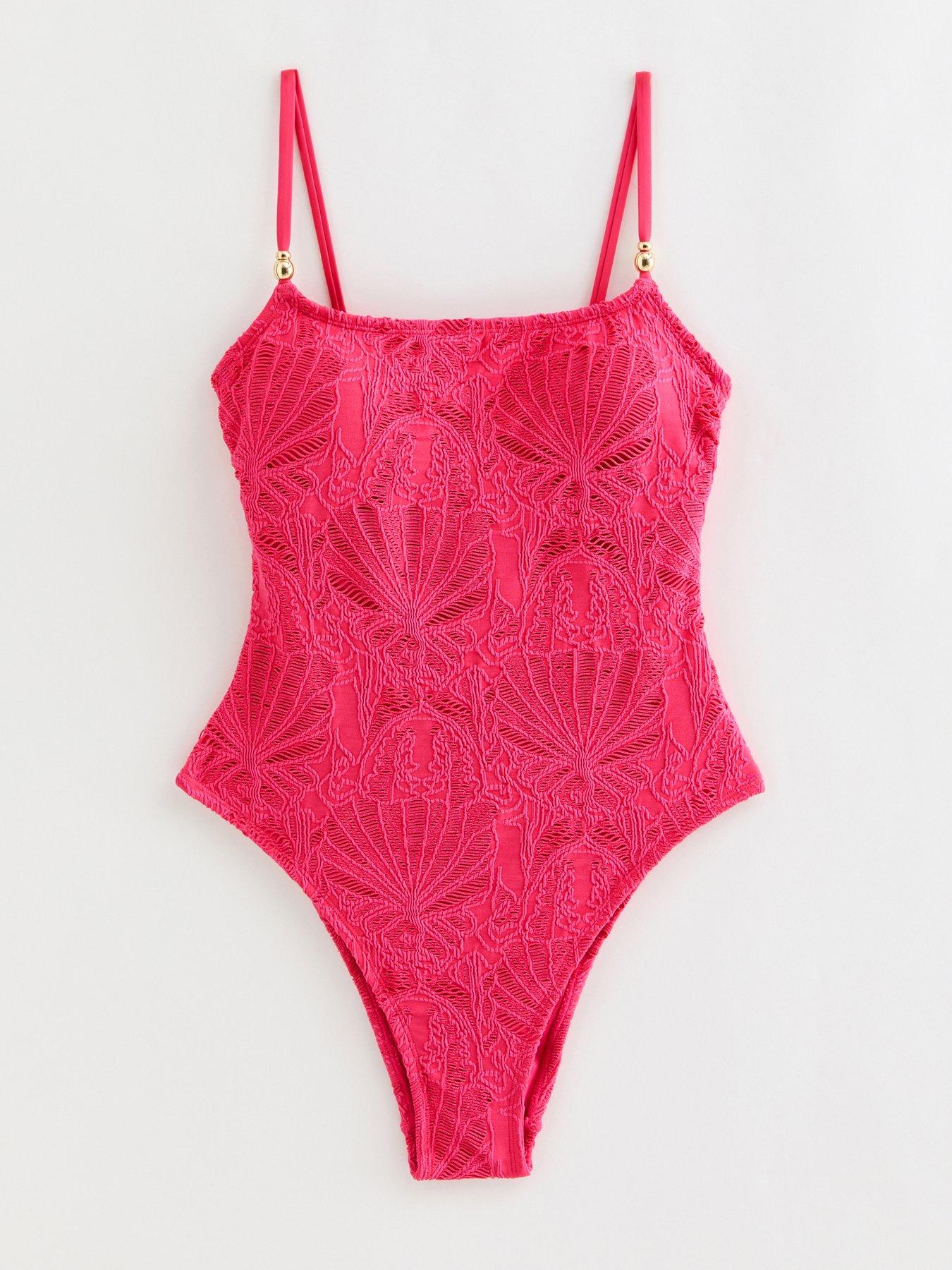 Image 6 of 6 of New Look Crochet Beaded Swimsuit - Bright Pink