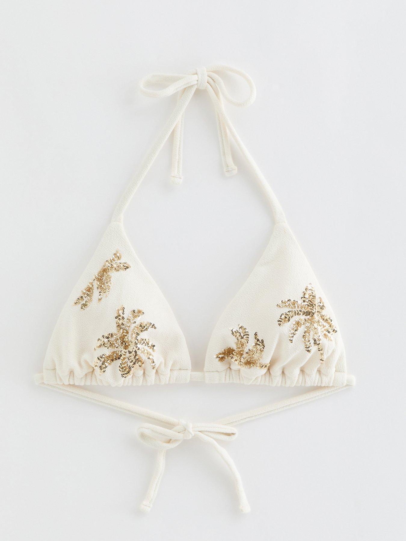 Image 6 of 6 of New Look Sequin Palm Tree Triangle Co-ord Bikini Top - White&nbsp;