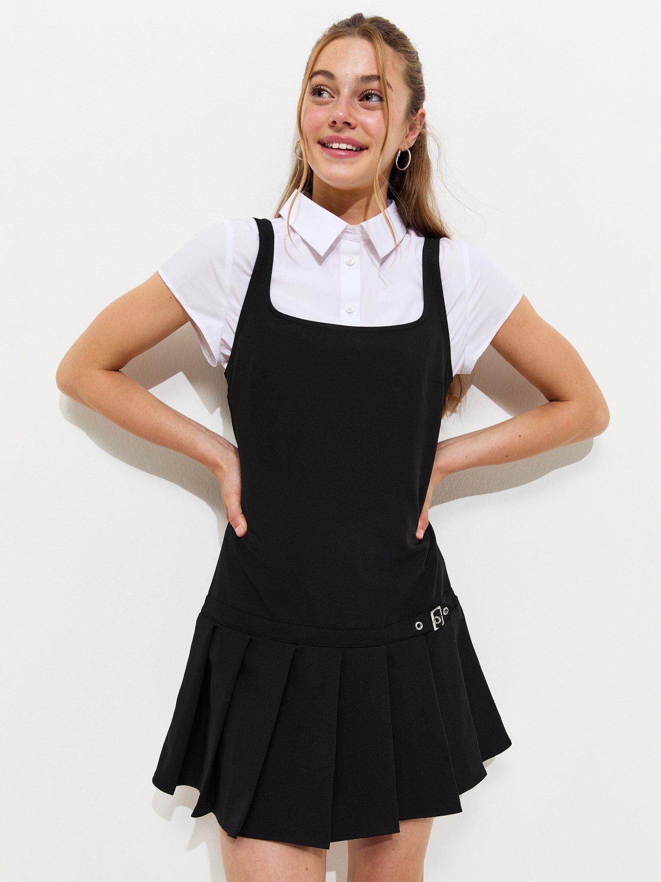 New Look 915 Girls Belted Dropwaist Pleated School Dress - Black