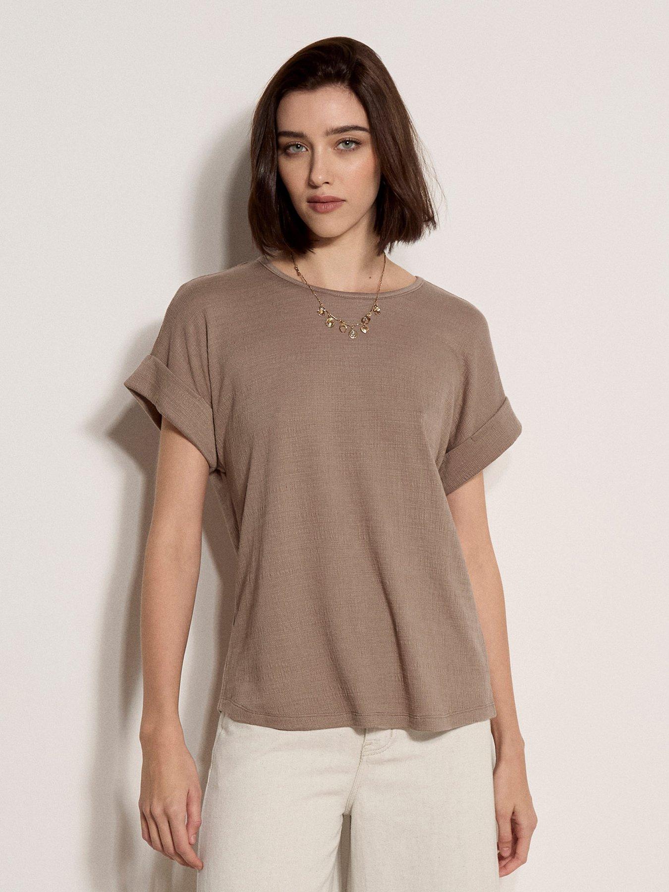 Apricot Turn-up Sleeve Button Back Textured Slub Tee