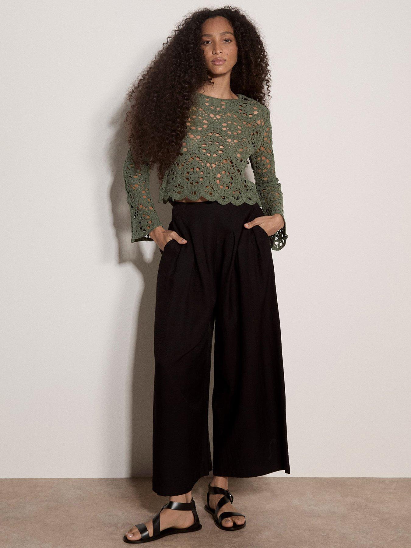 Apricot Floral Tape Yarn Crochet Scallop Edge Bell Sleeve Top