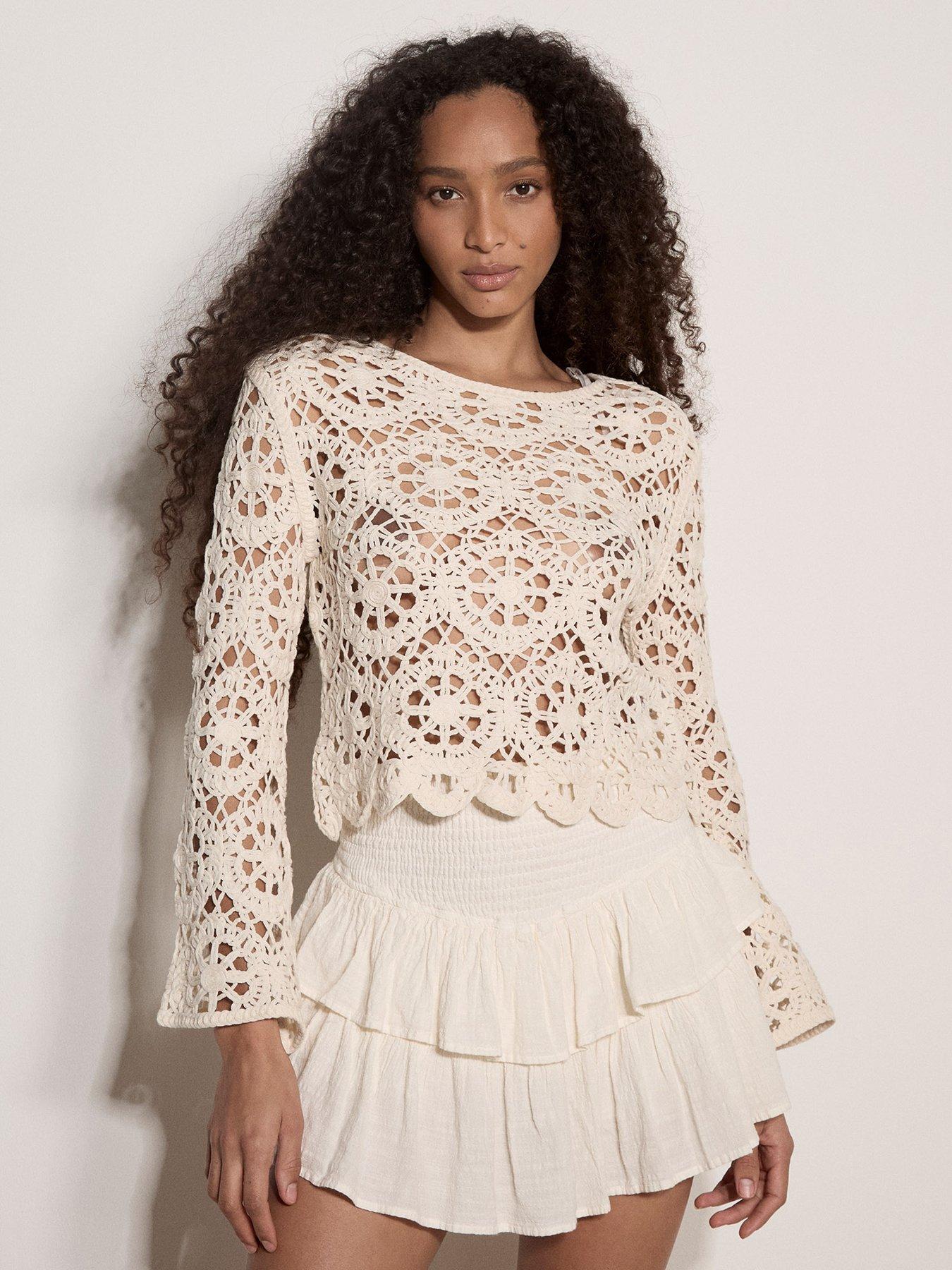 Apricot Apricot Floral Tape Yarn Crochet Scallop Edge Bell Sleeve Top