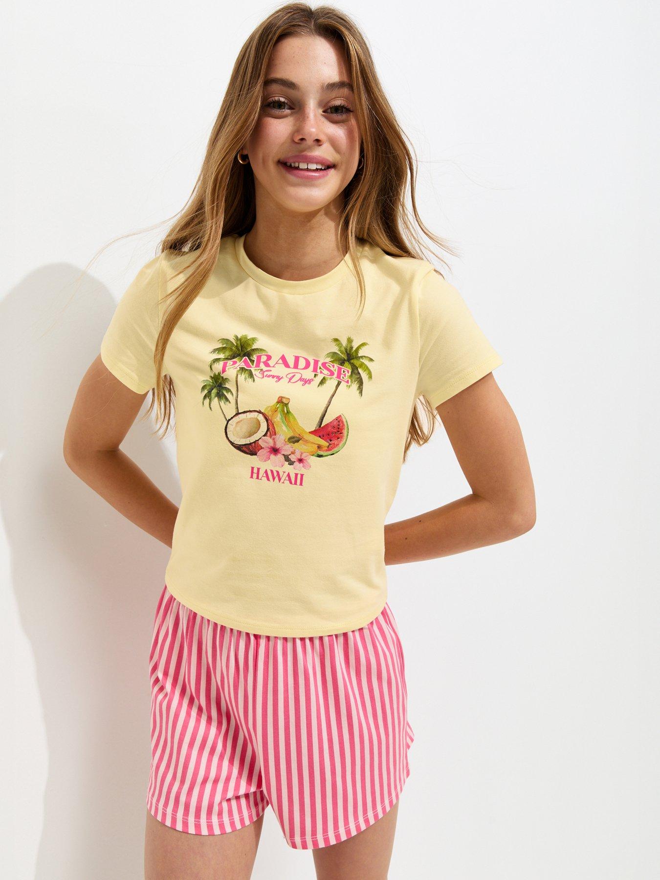 New Look 915 Girls Paradise Hawaii Print Pyjama T-Shirt And Shorts Set - Light Yellow