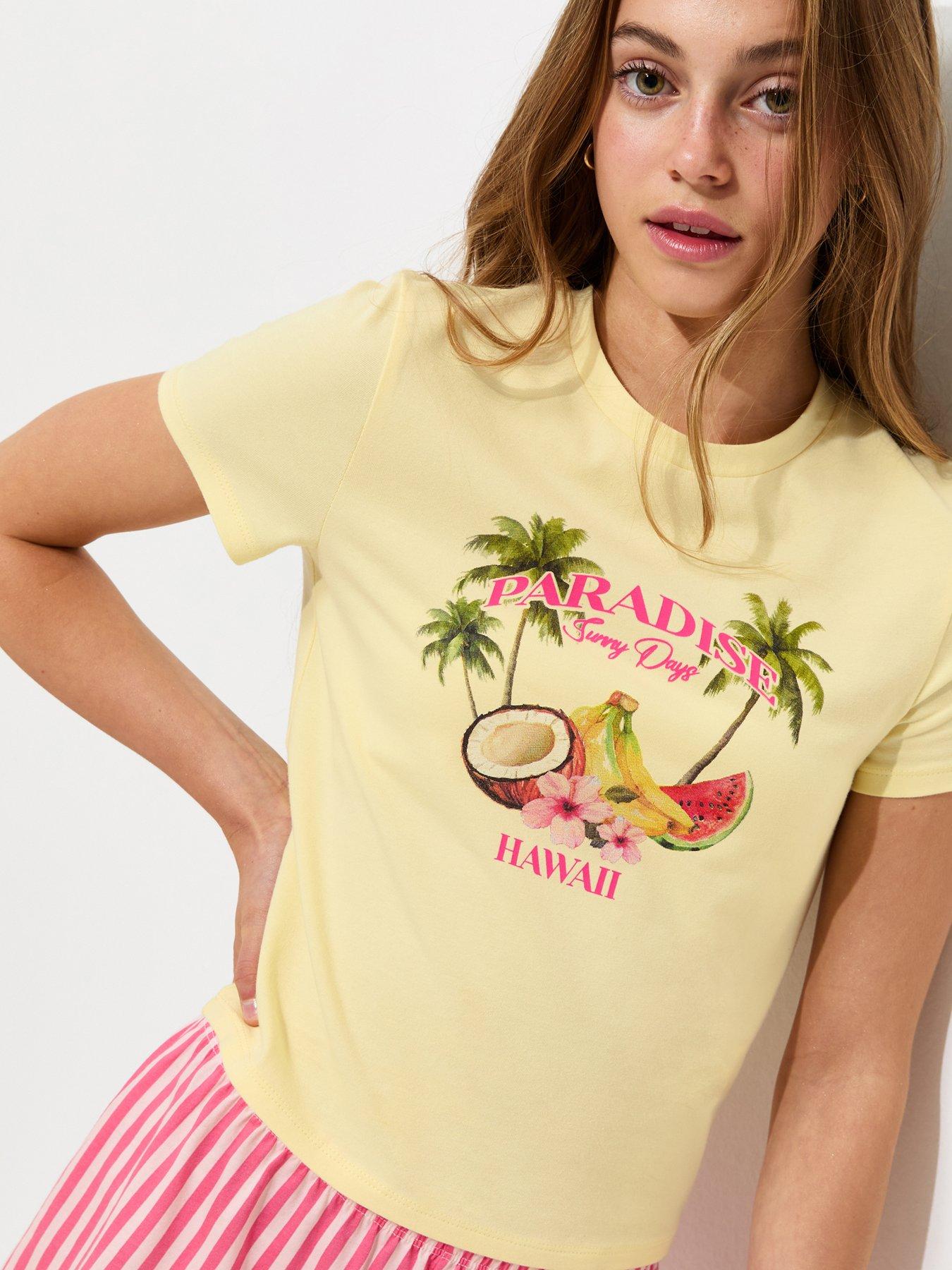 Image 4 of 5 of New Look 915 Girls Paradise Hawaii Print Pyjama T-Shirt And Shorts Set - Light Yellow
