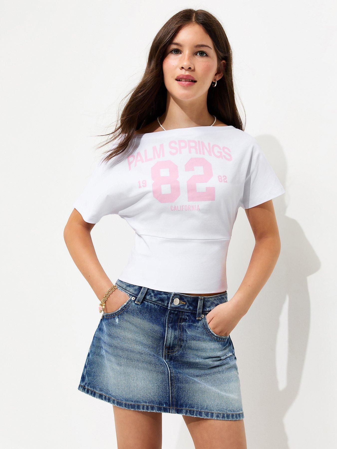 New Look 915 Girls Cotton Rich Palm Springs Slash Neck T-Shirt - White