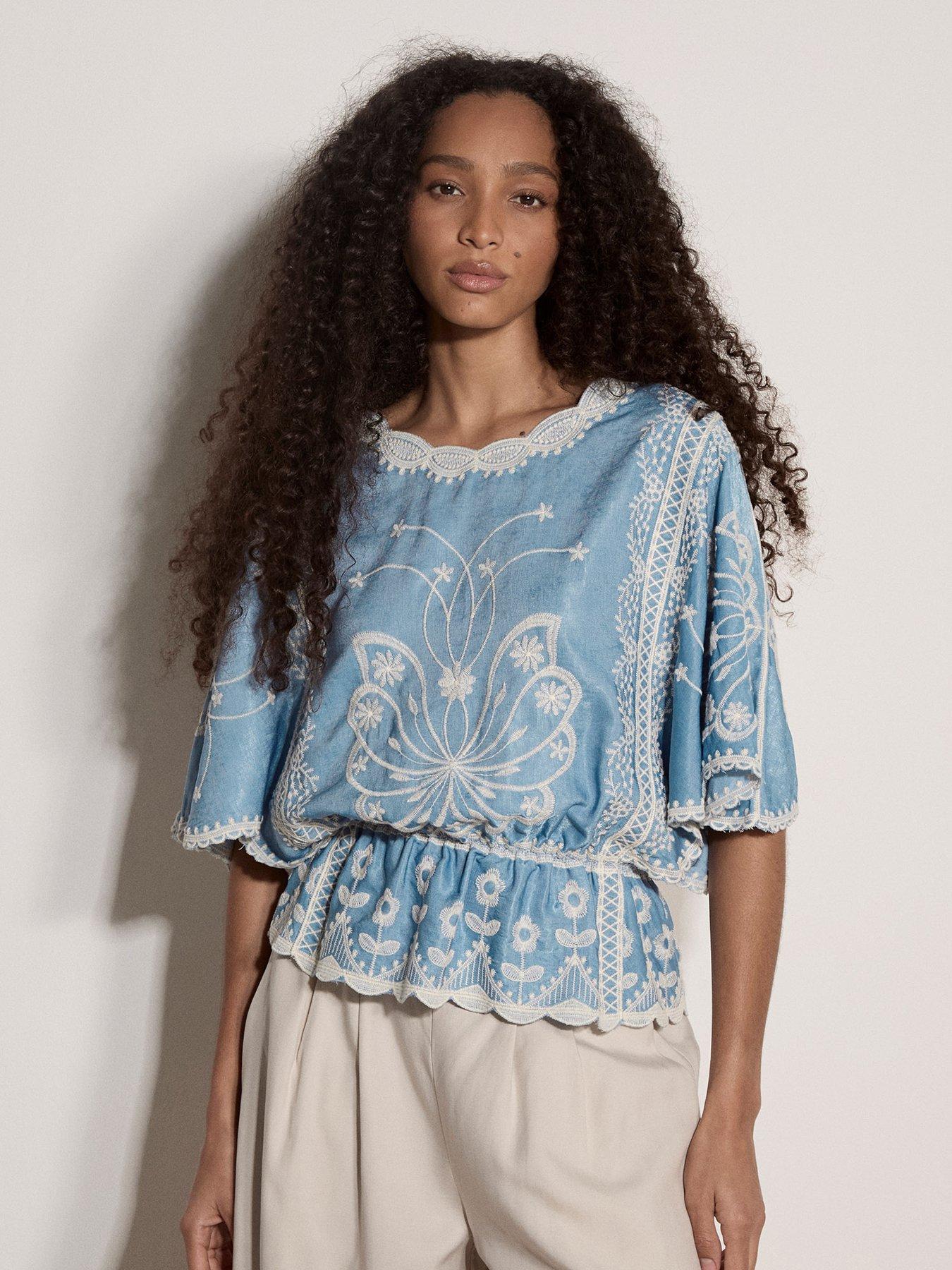 Apricot 2 Tone Placement Embroidered Batwing Top