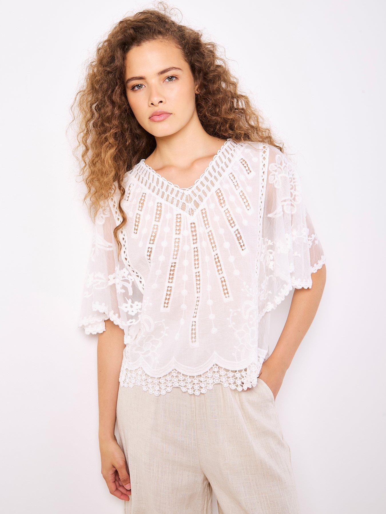 Apricot Apricot Lace Detail Embroidered Mesh Top