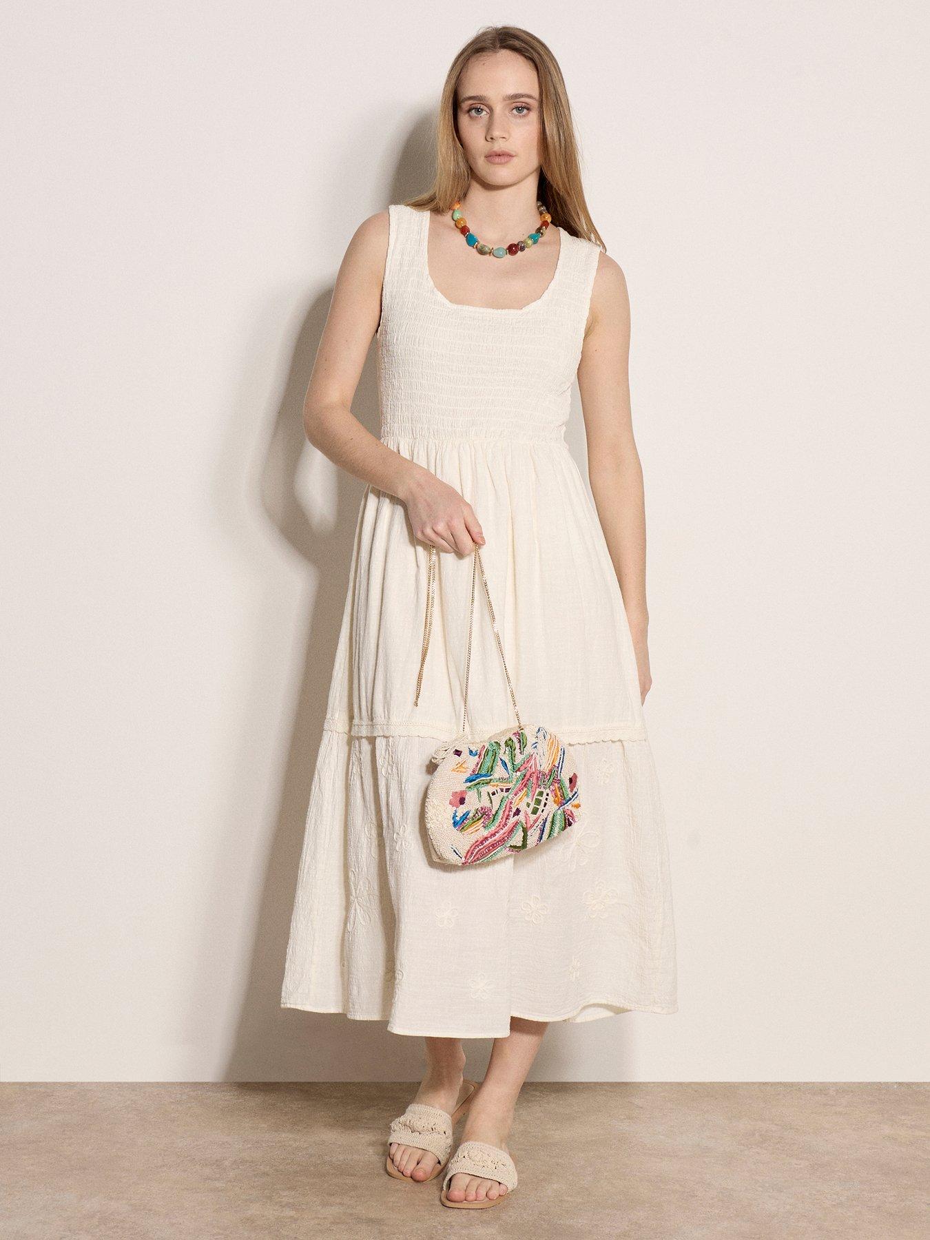 Apricot Apricot Smocked Detail Tetra Cotton 3d Flower Hem Dress