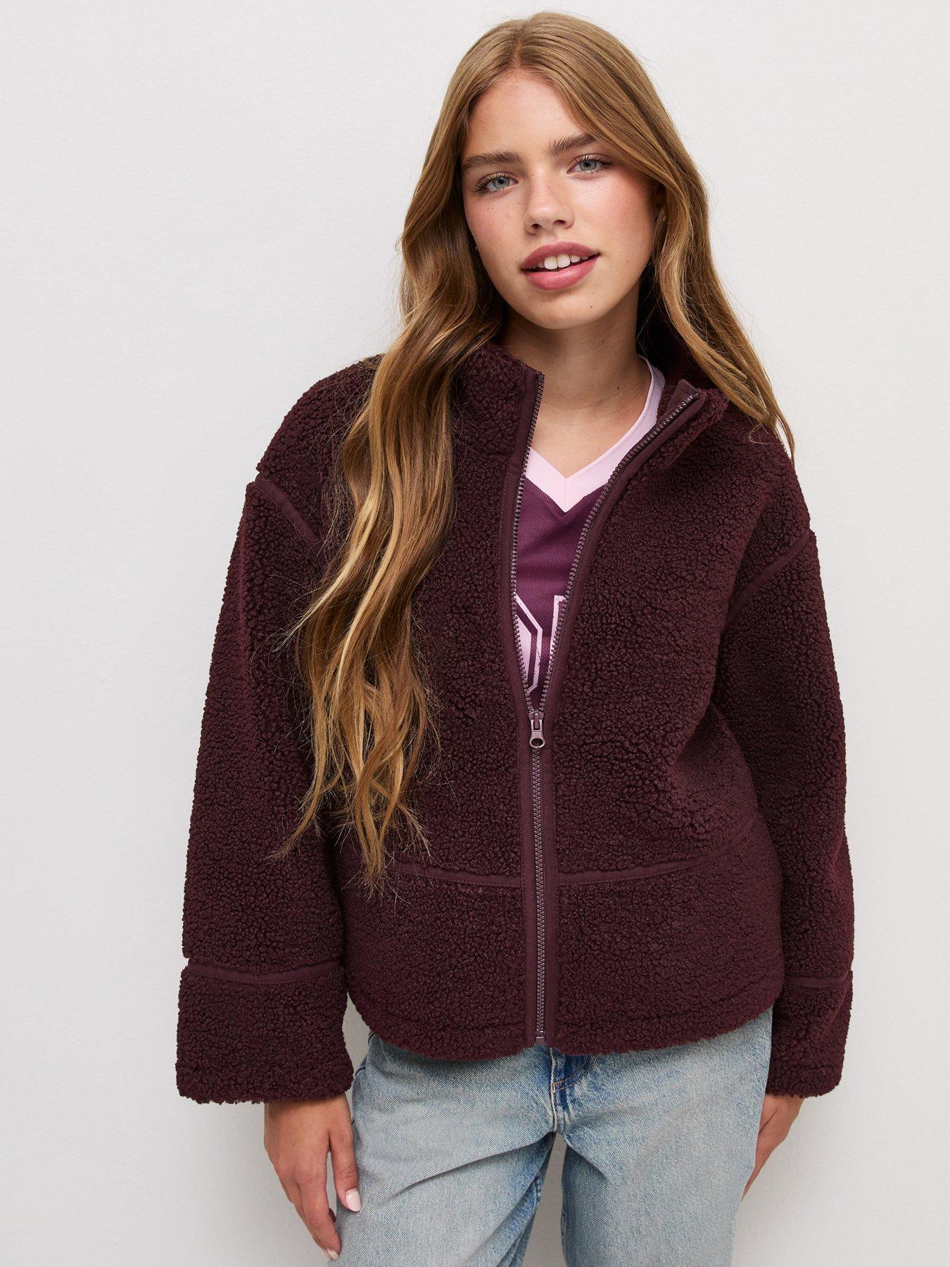 New Look 915 Girls Dark Burgundy Oversized Borg Texture Jacket