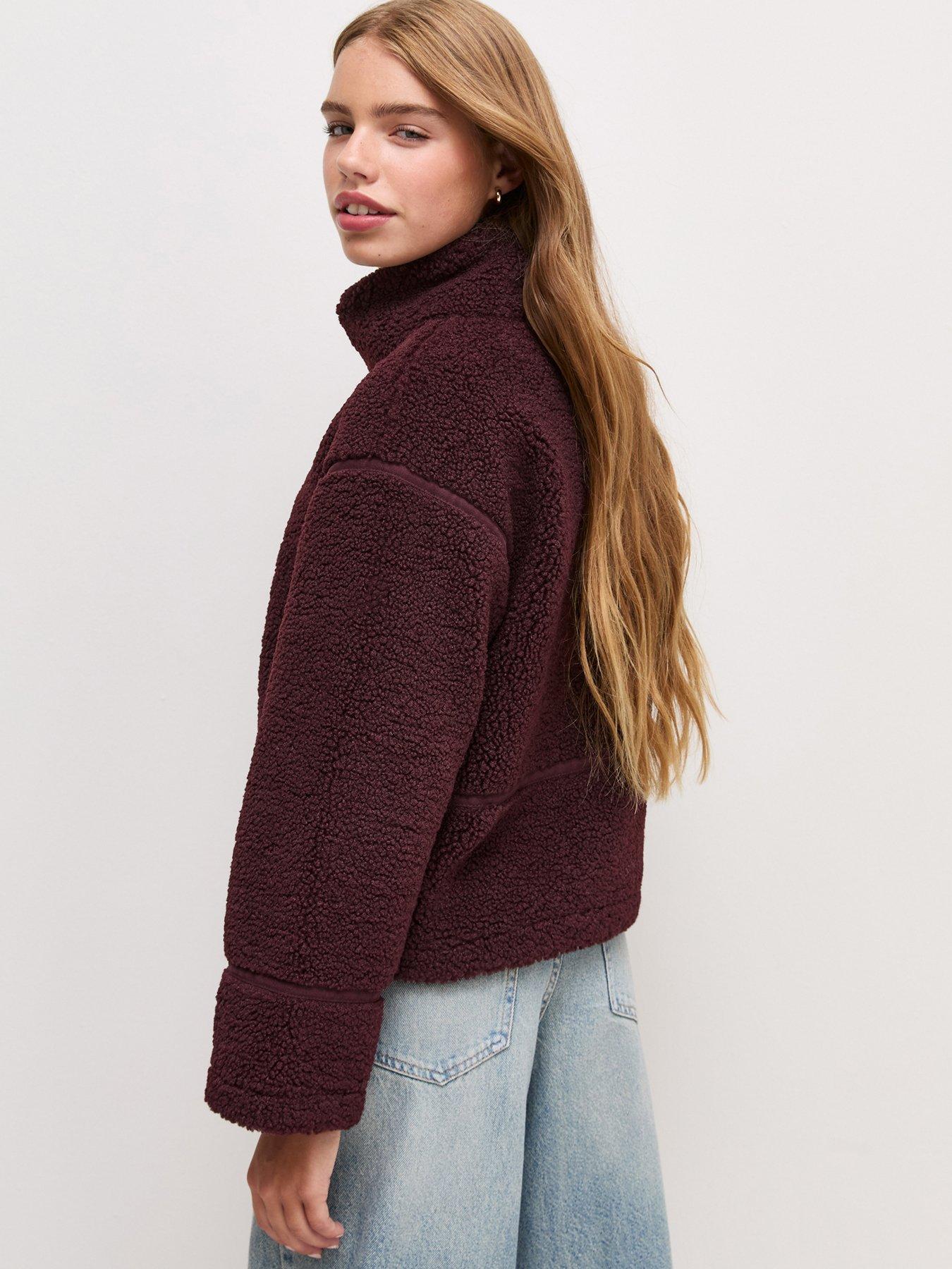 Image 2 of 5 of New Look 915 Girls Borg Texture Oversized Zip-Through Jacket - Dark Red