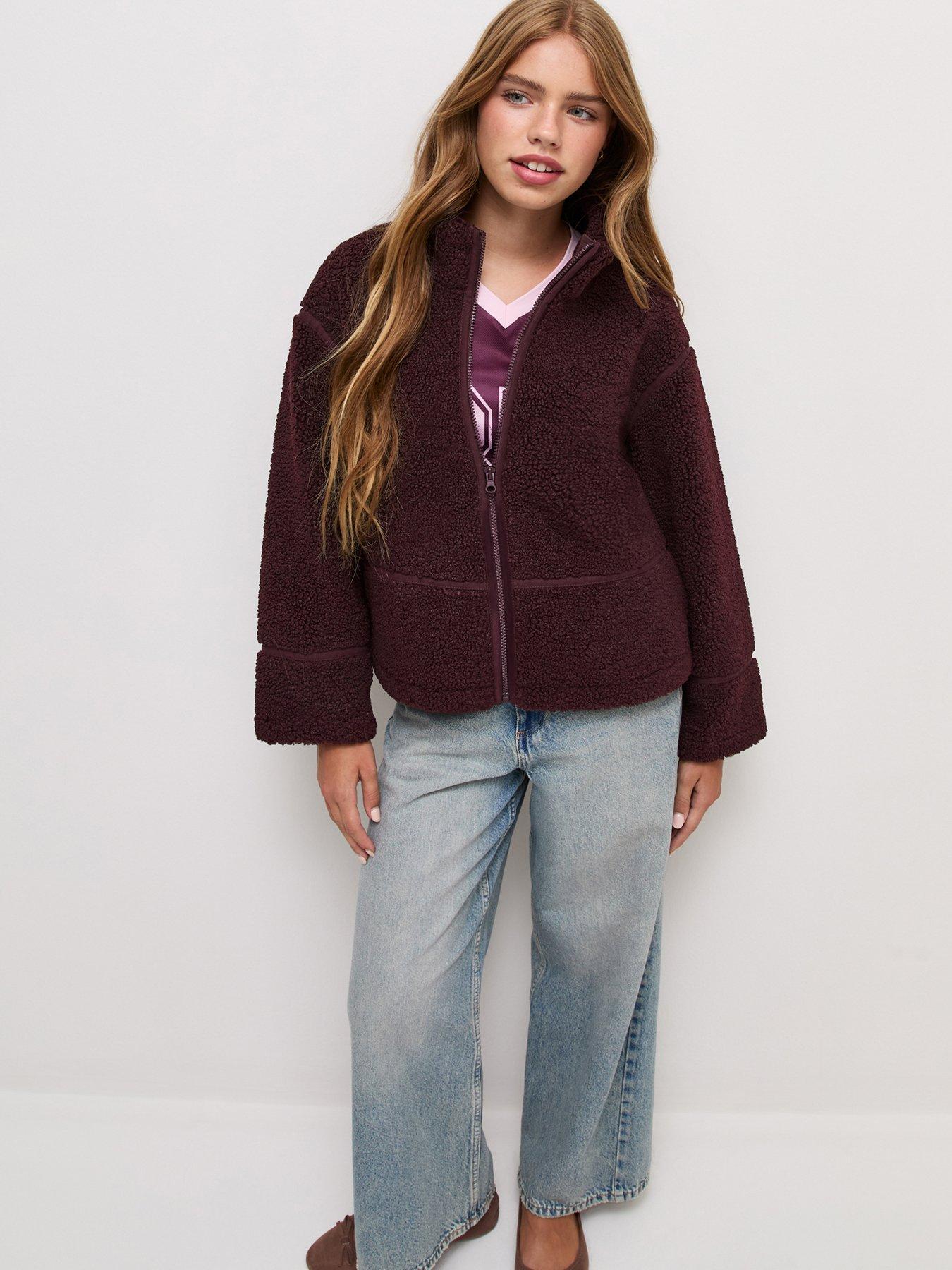 Image 3 of 5 of New Look 915 Girls Borg Texture Oversized Zip-Through Jacket - Dark Red