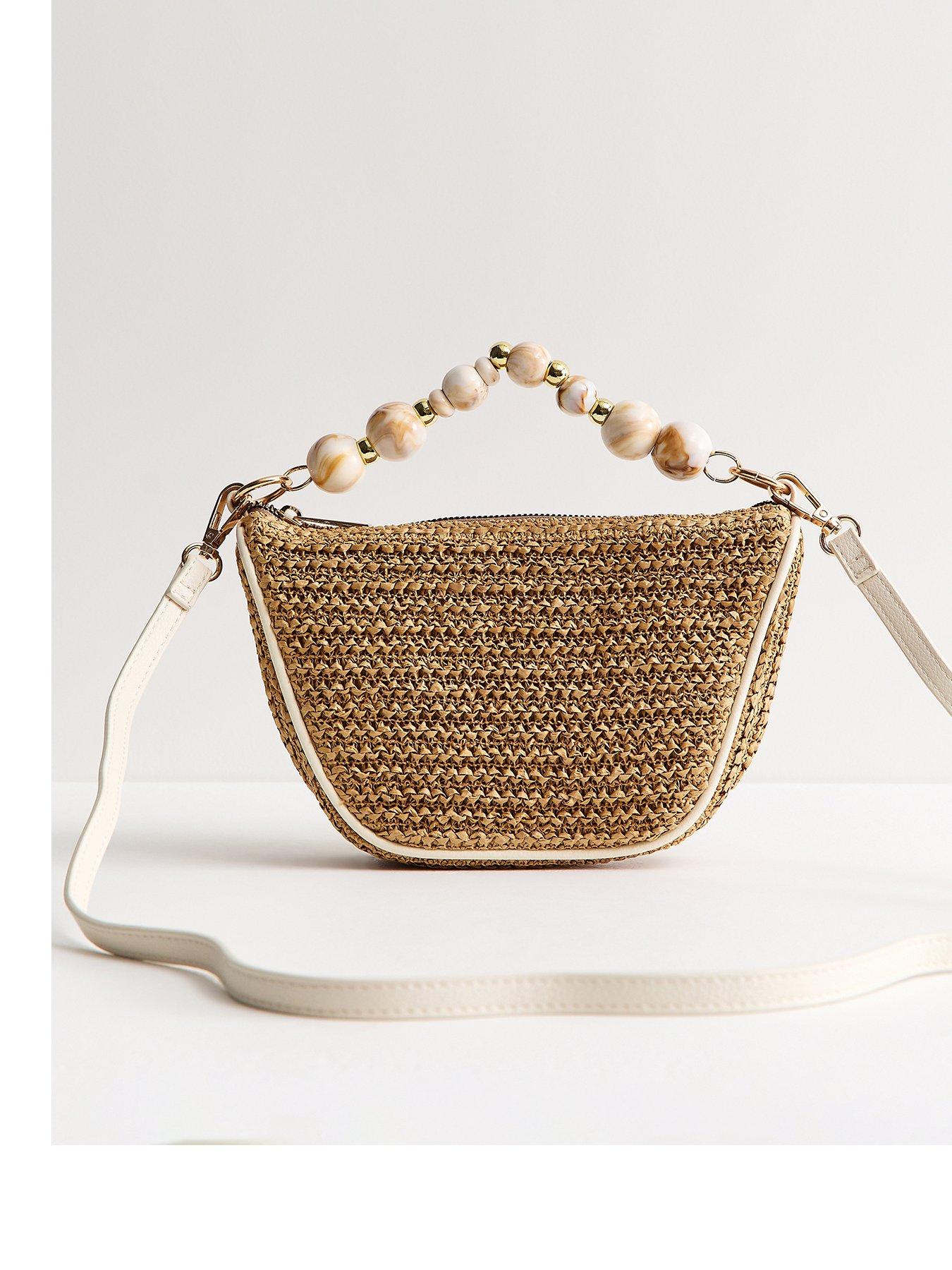Image 1 of 5 of New Look Stone Woven Slouchy Beaded Top Handle Bag - Grey