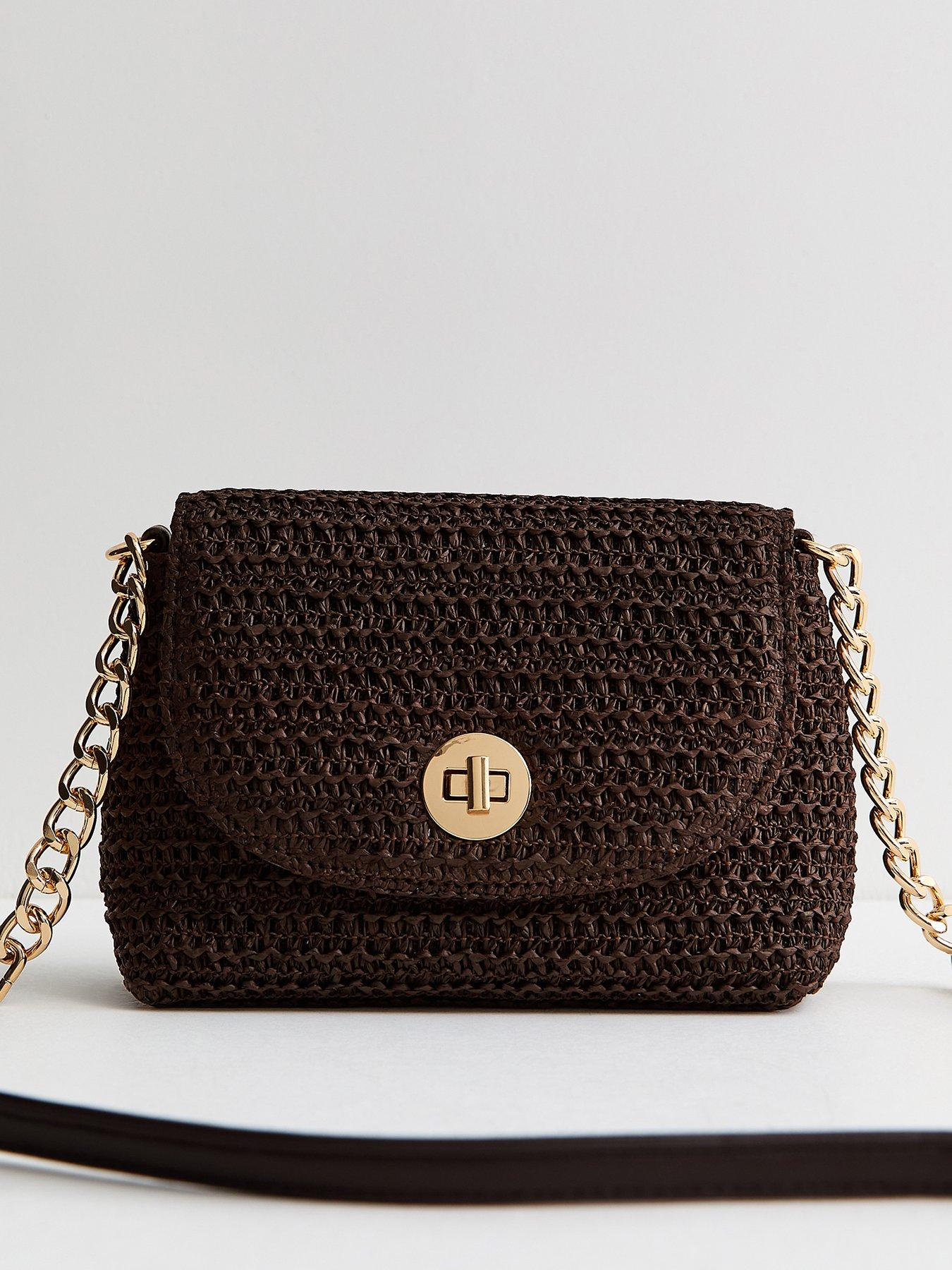 New Look Raffia Turn Lock Cross Body Bag - Dark Brown