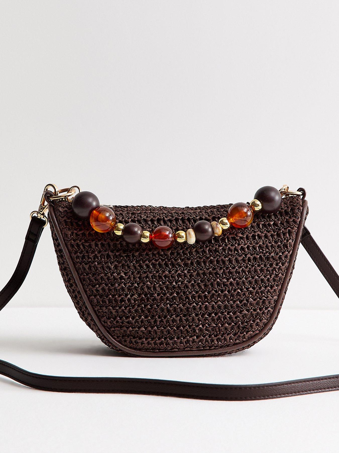 New Look Woven Slouchy Beaded Top Handle Bag - Dark Brown