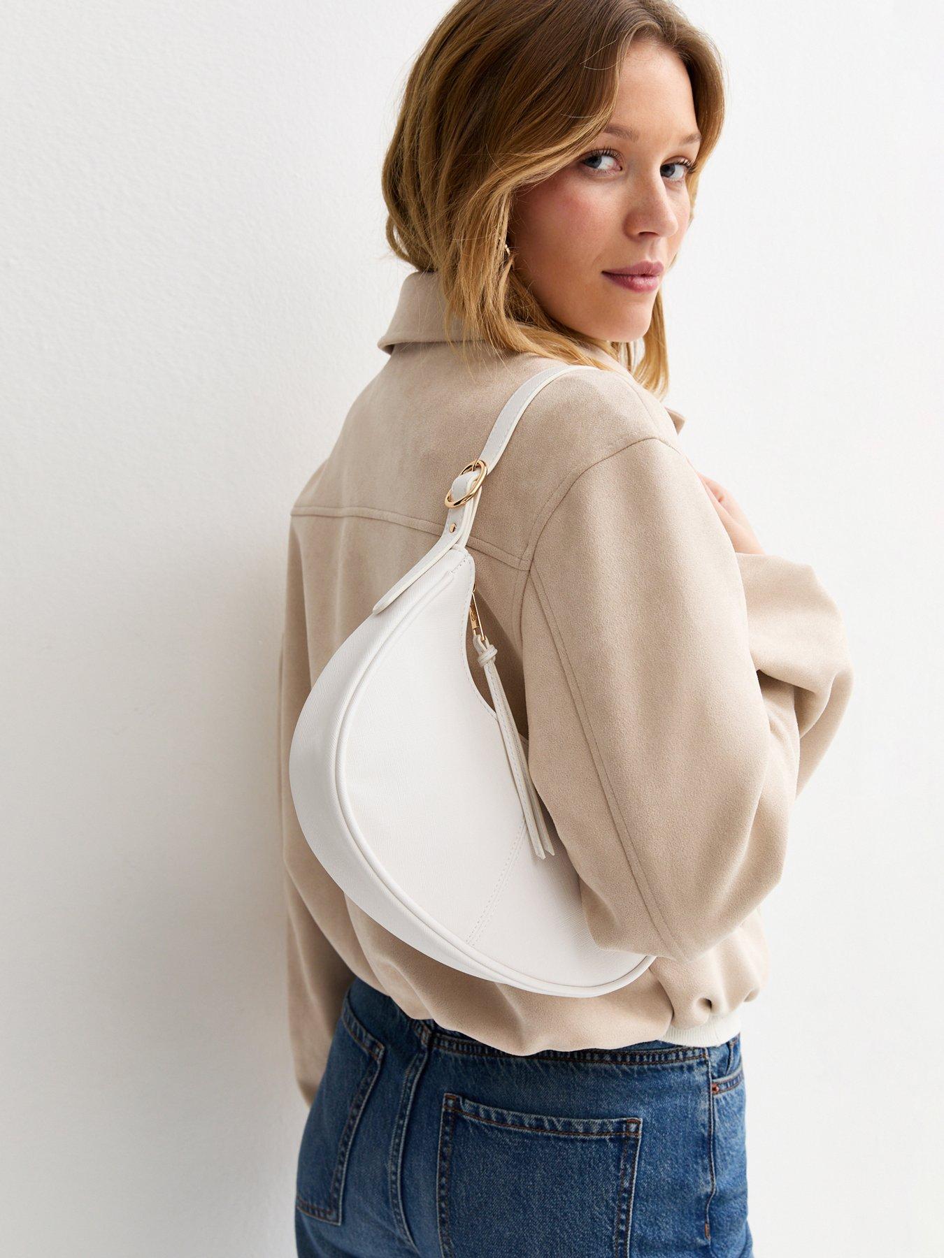 Image 2 of 5 of New Look Grained Faux Leather Oval Buckle Shoulder Bag - White