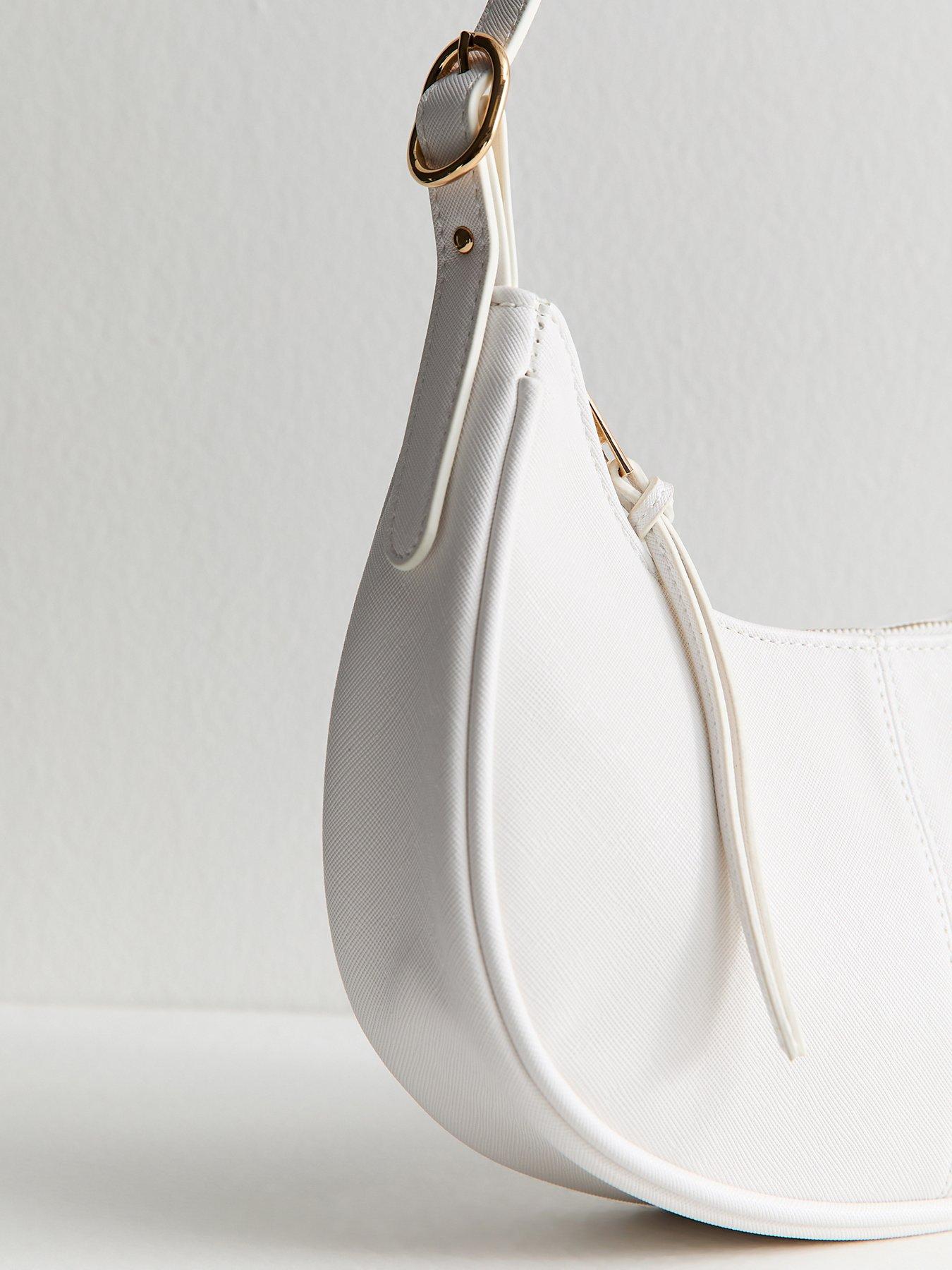 Image 4 of 5 of New Look Grained Faux Leather Oval Buckle Shoulder Bag - White