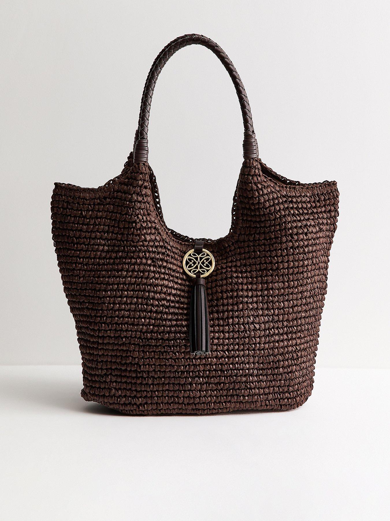New Look Woven Plaited Handle Hobo Bag - Dark Brown