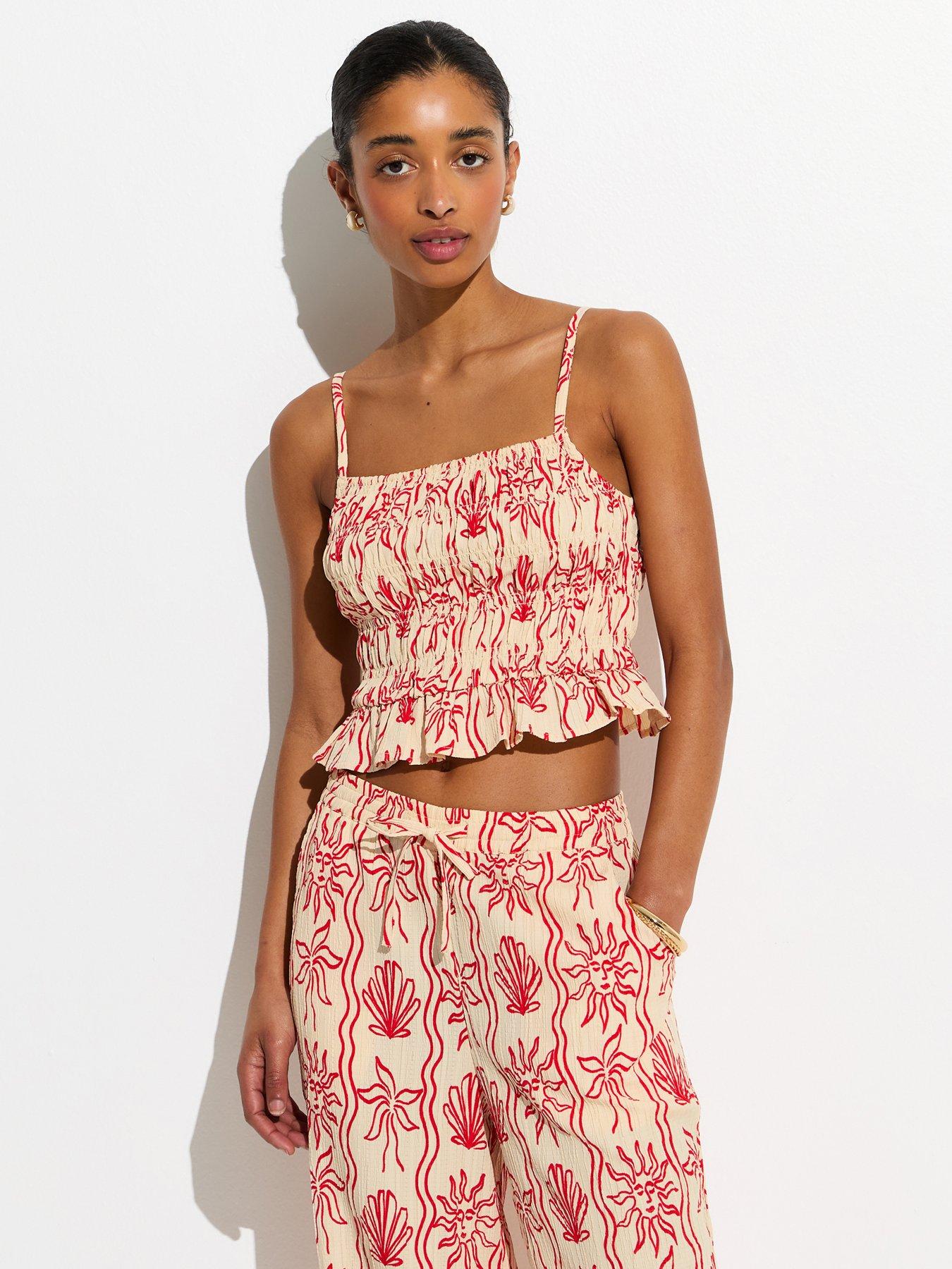 new-look-sun-print-shirred-cami-beach-top-redfront