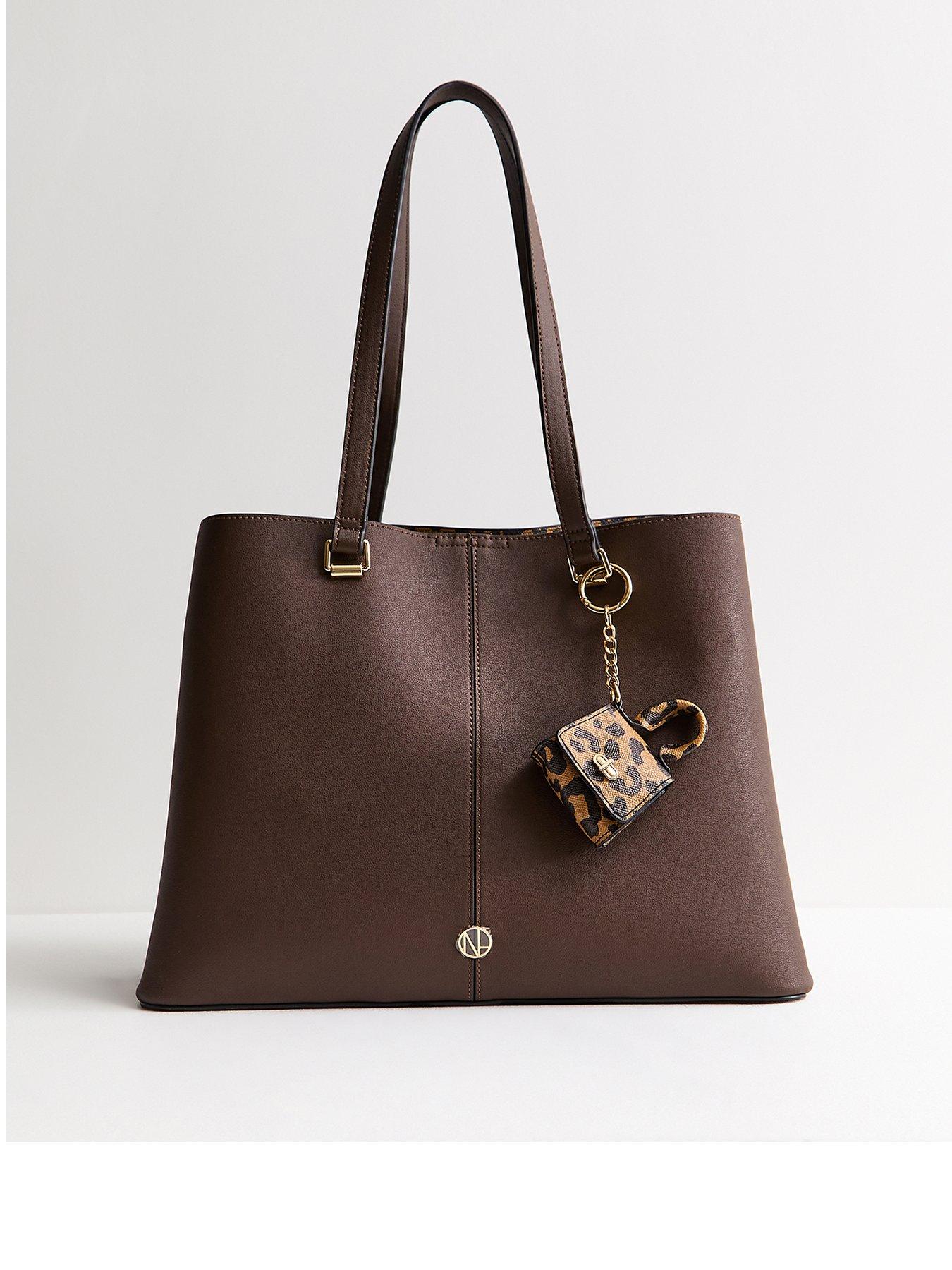 New Look Faux Leather Tote Bag With Mini Bag Charm - Dark Brown