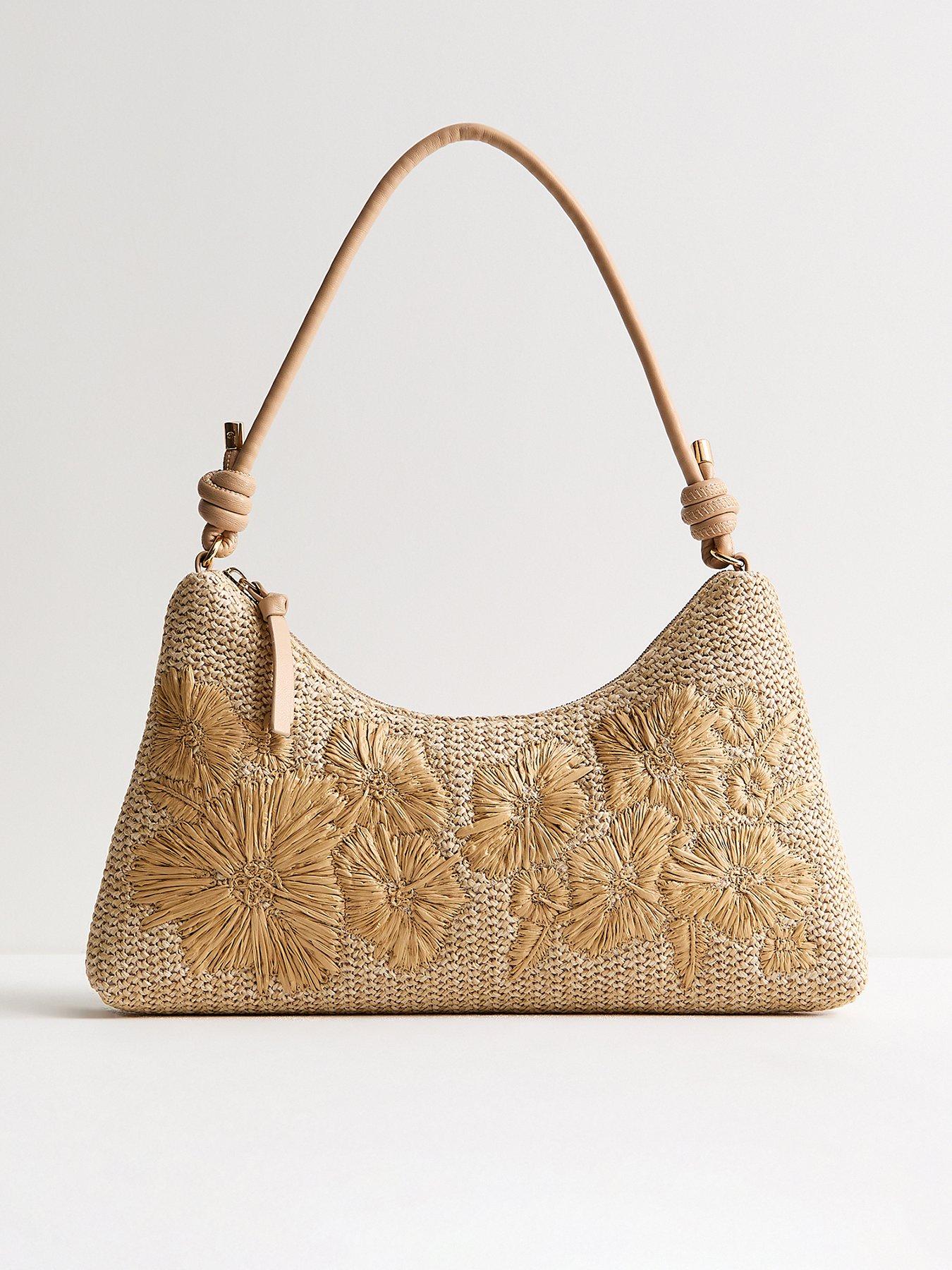 New Look Woven Embroidered Flower Shoulder Bag - Stone