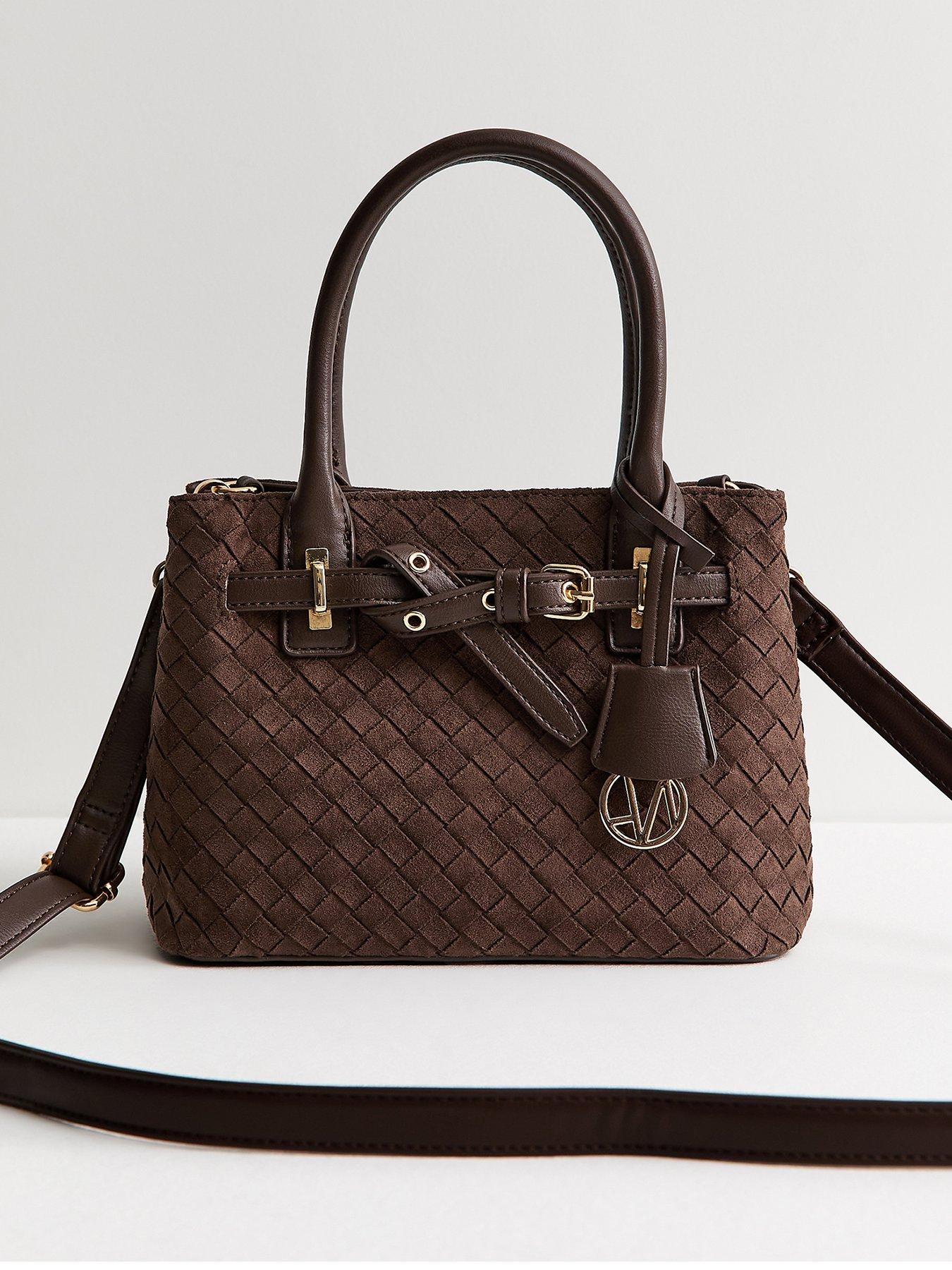 Image 1 of 3 of New Look Faux Suede Weave Effect Mini Crossbody Bag - Brown