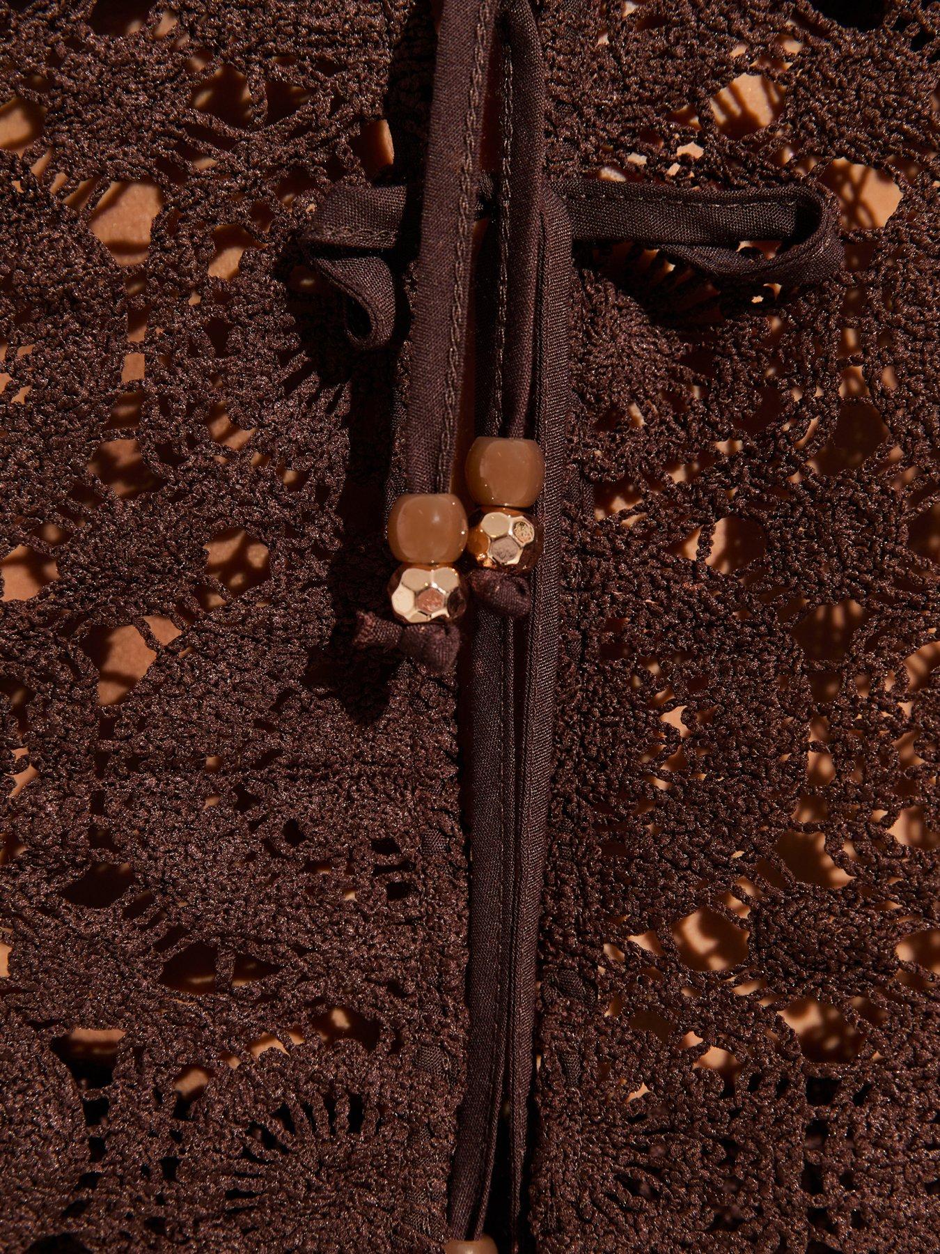 Image 6 of 6 of New Look Tile Pattern Crochet Tie Beach Co-Ord Waistcoat - Dark Brown