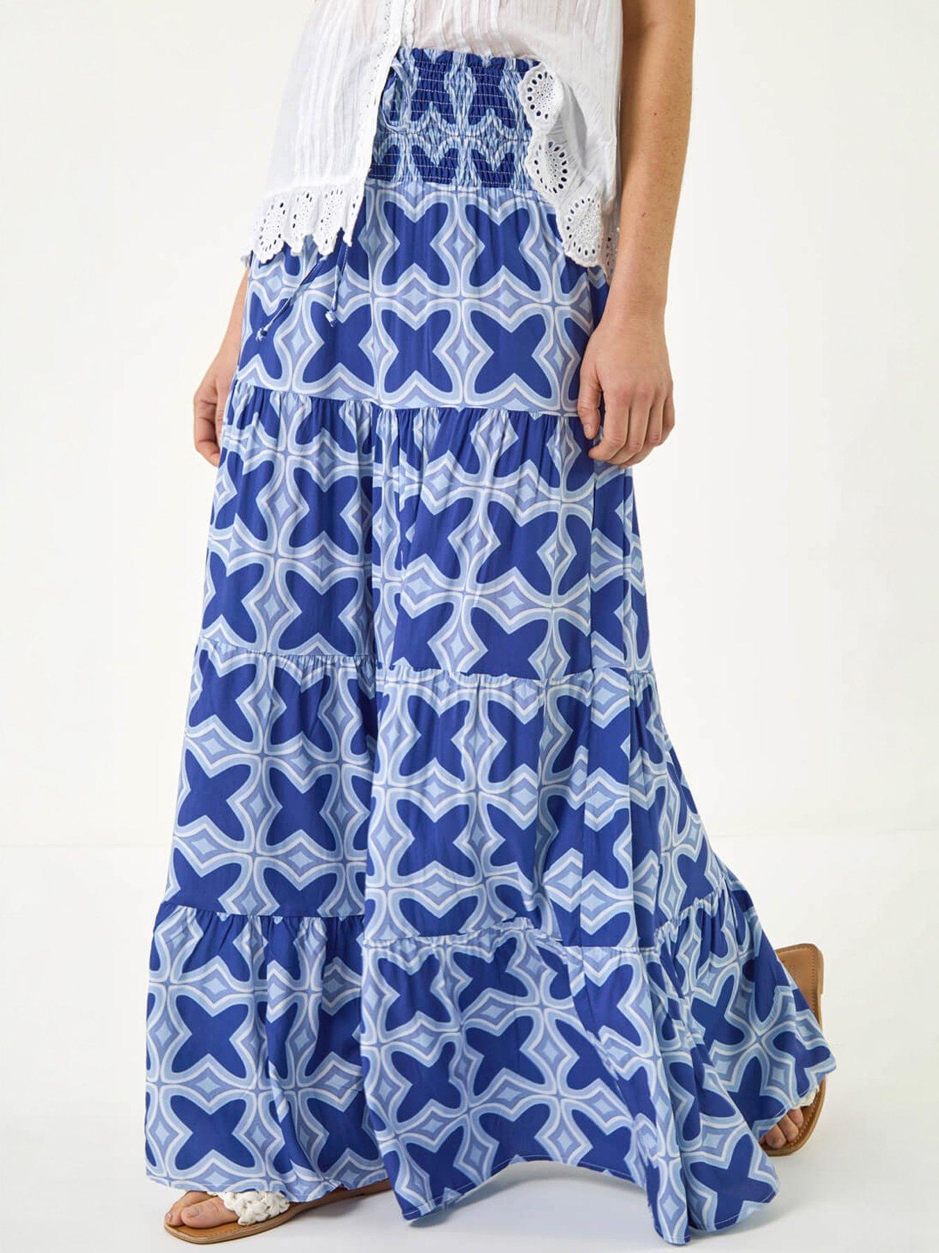 Roman Tile Print Shirred Maxi Skirt