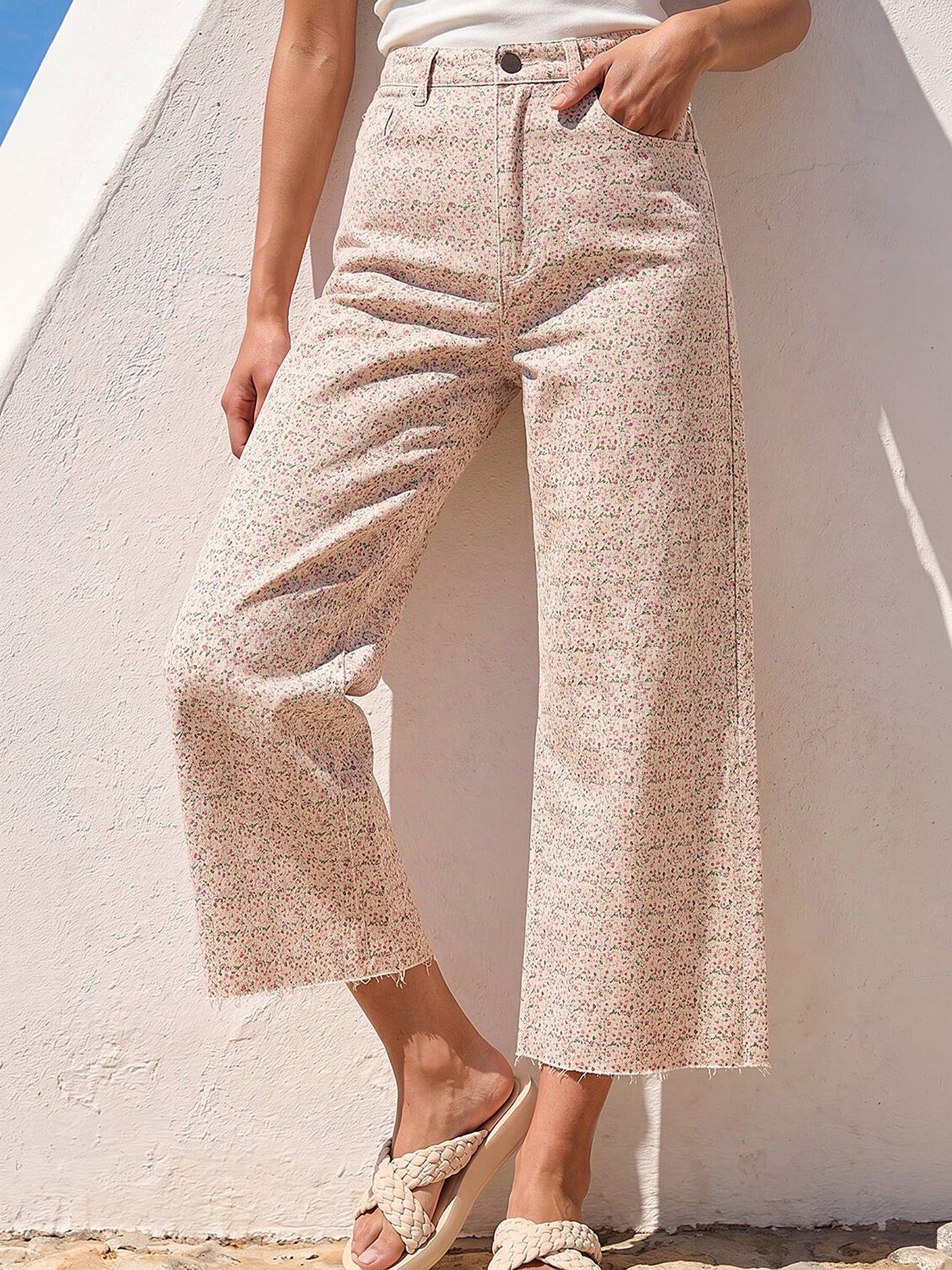 Roman Floral Print Frayed Edge Ankle Jean