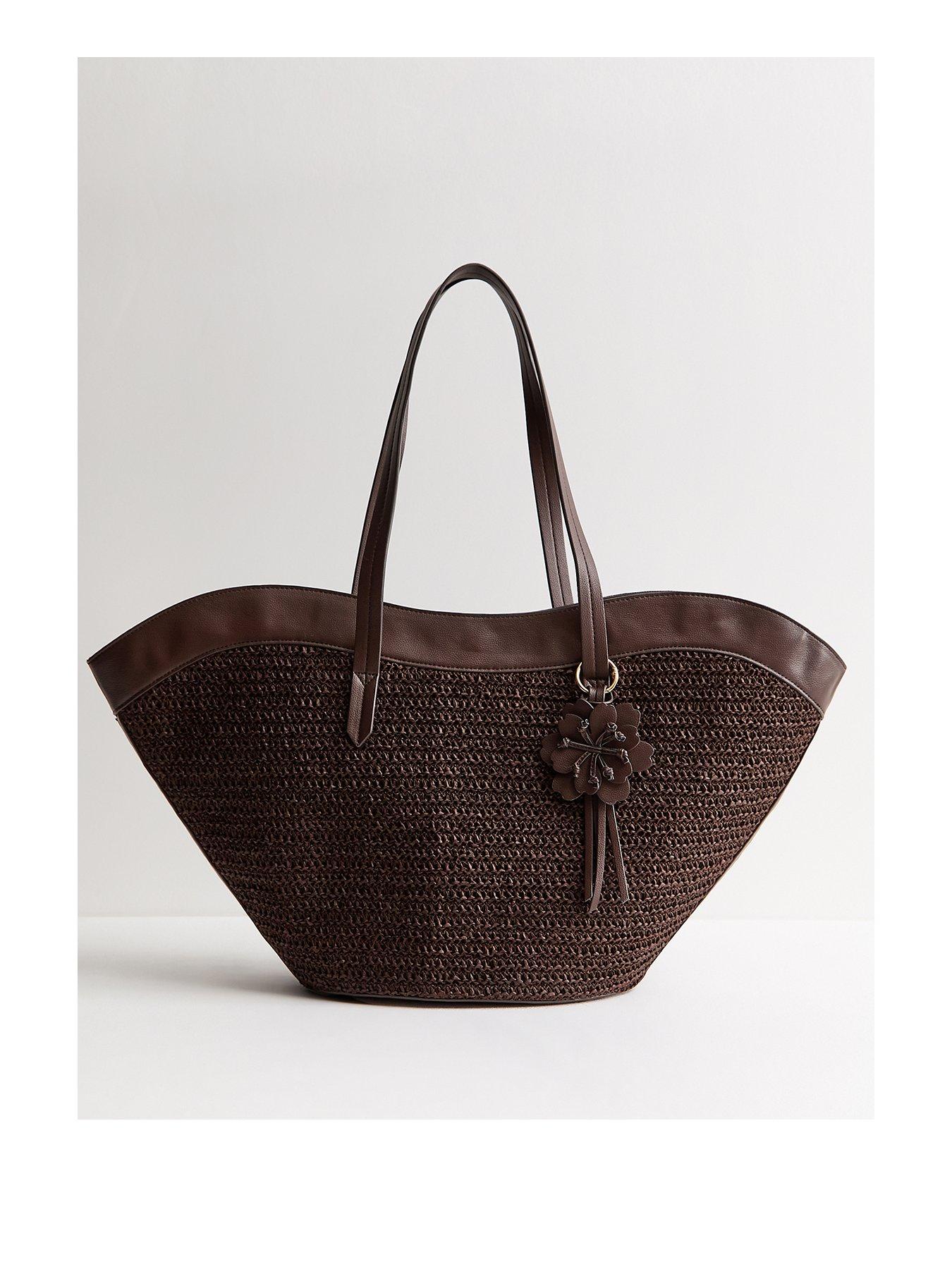 Image 1 of 5 of New Look Curved Woven Tote Bag - Dark Brown