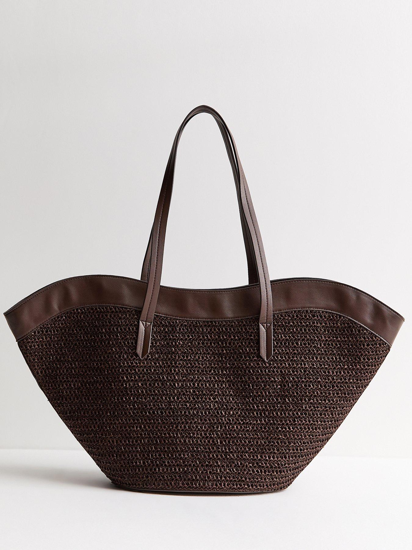 Image 3 of 5 of New Look Curved Woven Tote Bag - Dark Brown