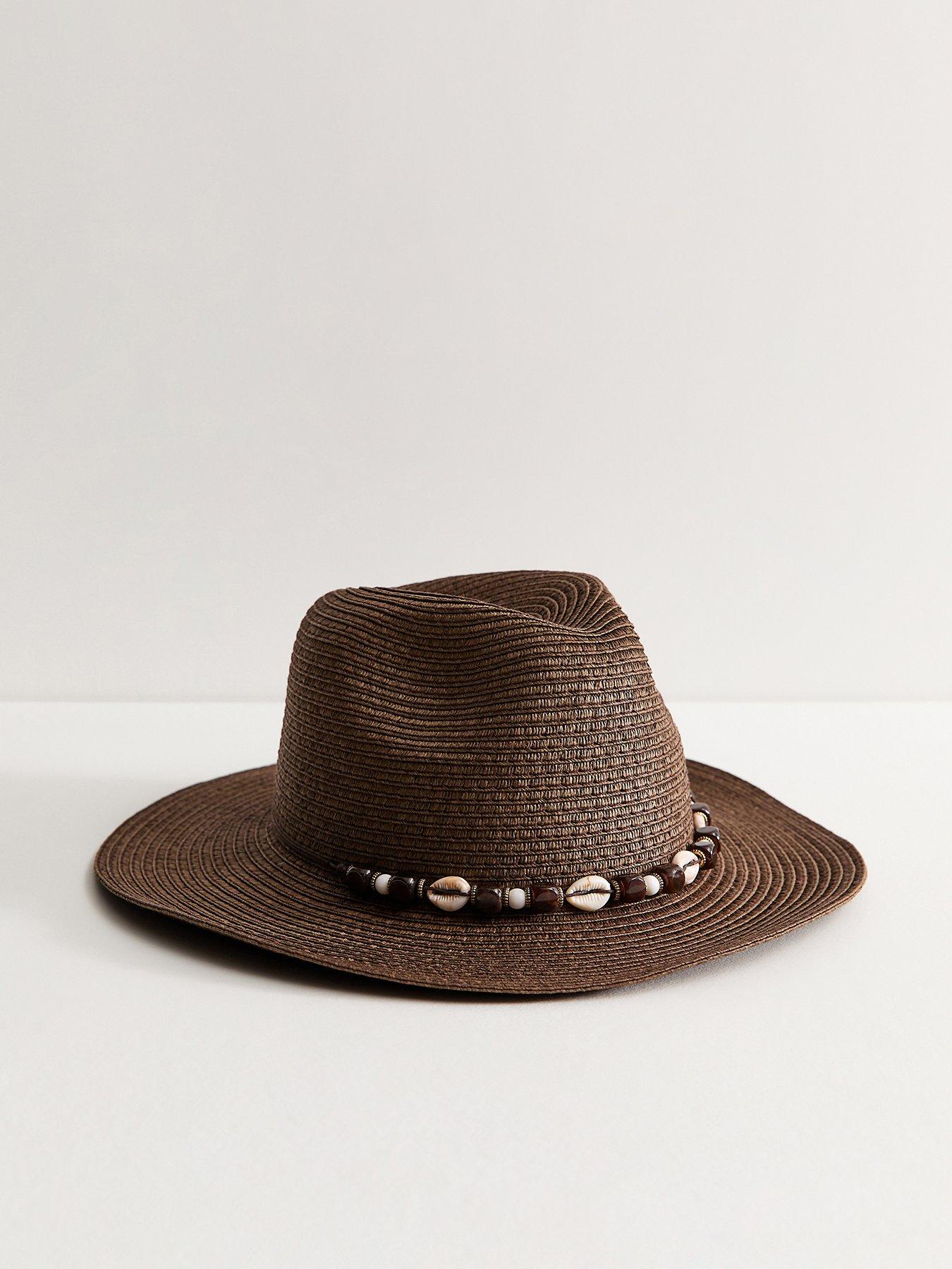 Image 1 of 3 of New Look Beaded Shell Trim Straw Fedora Hat - Dark Brown